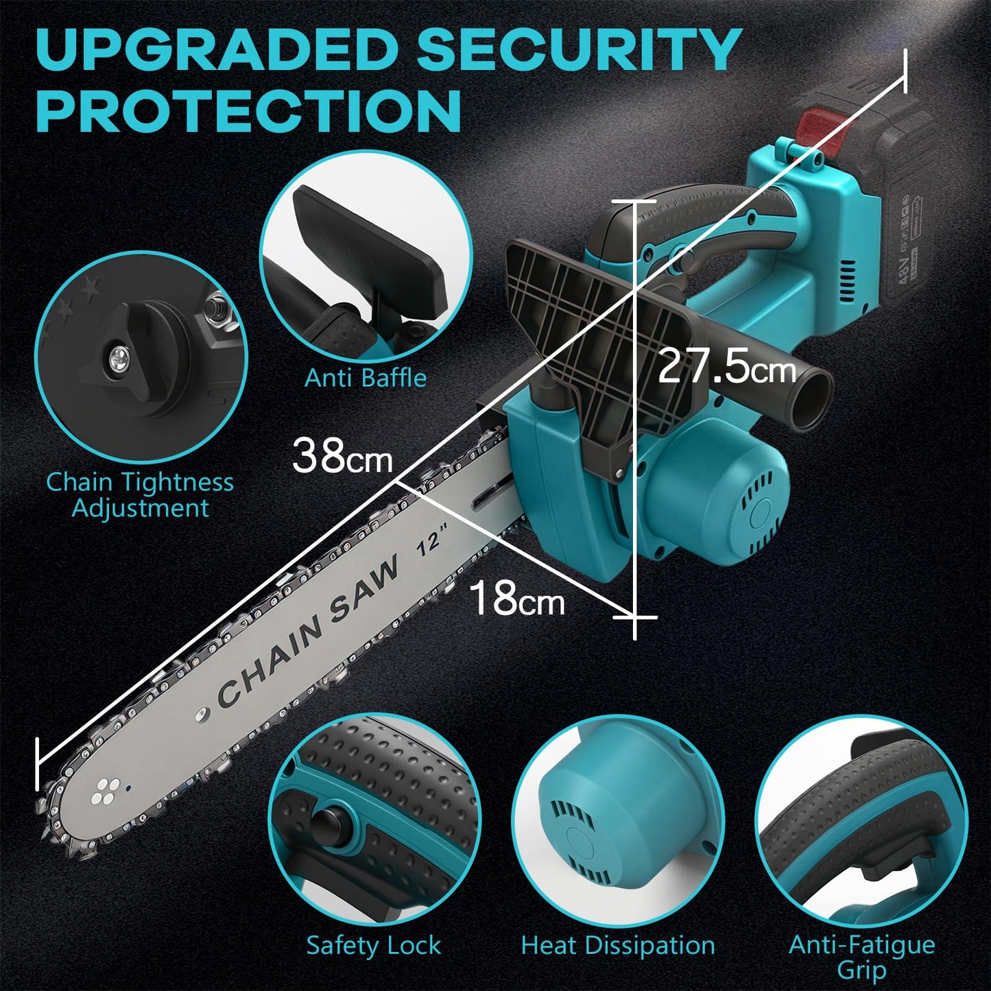 Cordless Chainsaw for Makita 18V Battery, 12 Inch Mini Chain Saw with Security Lock, 1000W Handheld Electric Chainsaw for Wood Cutting, Tree Trimming (Without Battery)