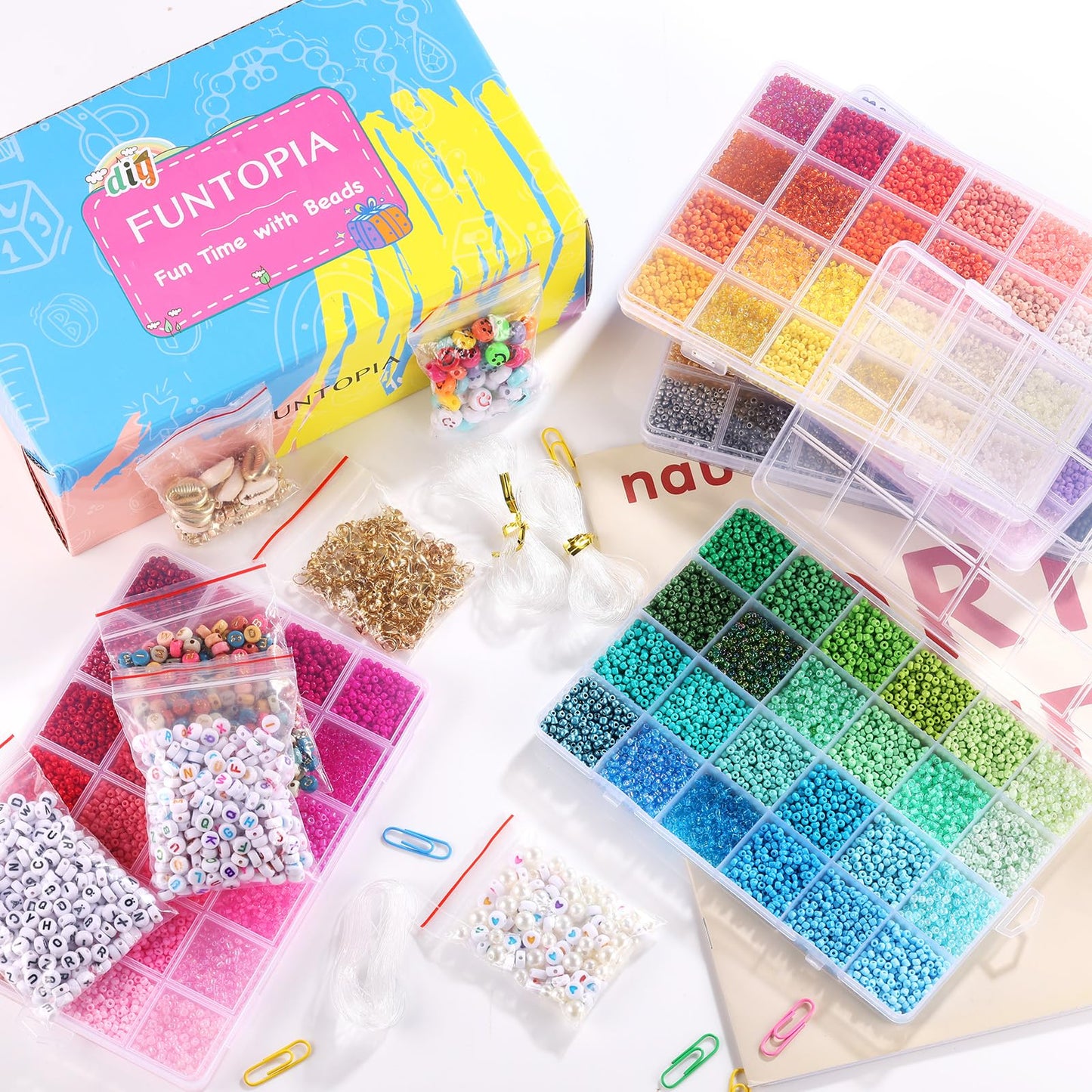 Funtopia 5 Boxes 120 Colors Beads, Friendship Bracelet Kit with 2mm Glass Seed Bead and Letter Bead, Colorful Beads for Making Jewellery, DIY Bracelets and Art Crafts for Birthdays, Parties, Holidays (49000+Pcs)