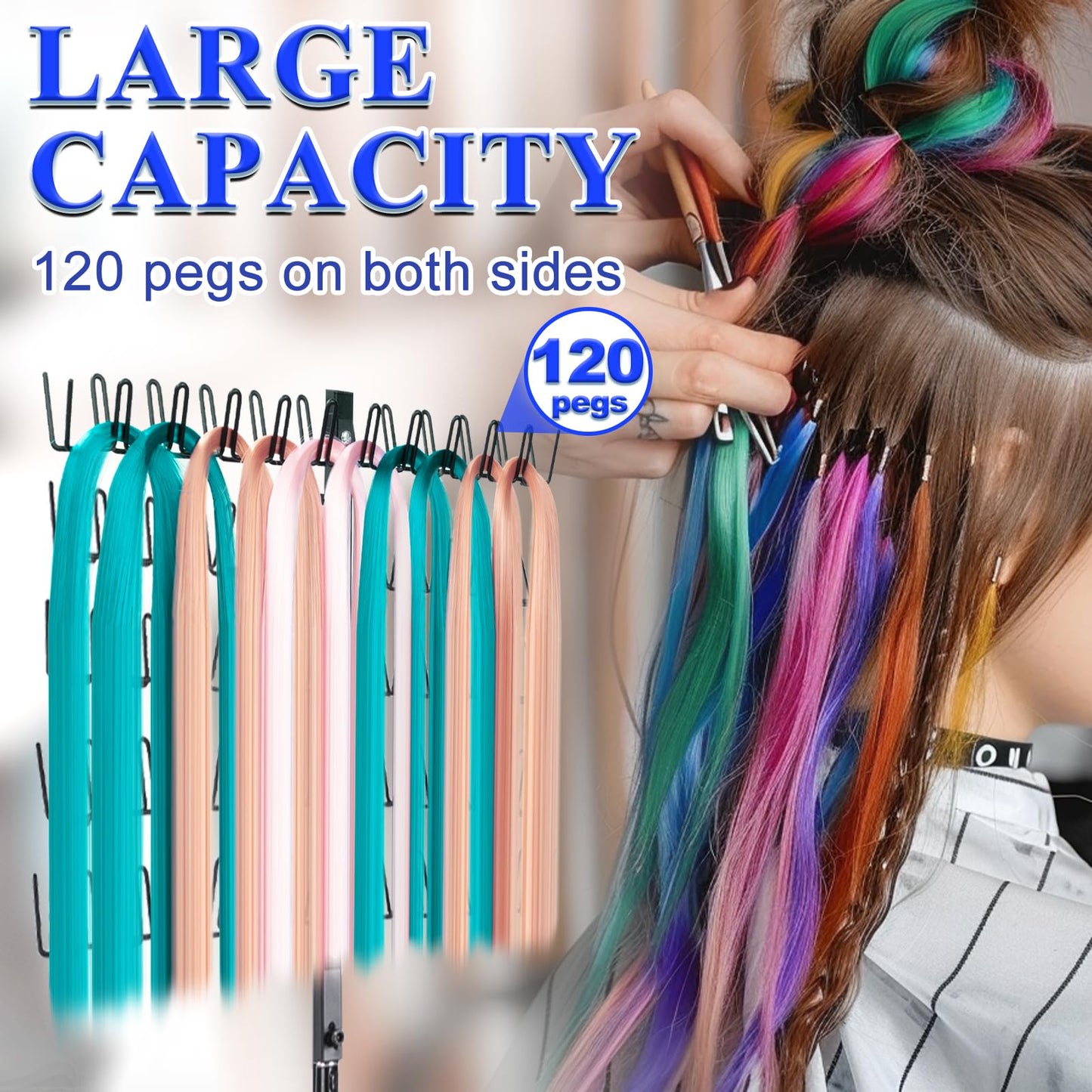Braiding Hair Rack Standing with 120 Pegs, Height Adjustable 2-Side Hair Divider for Braiding Hair Separator Stand Metal (Black)