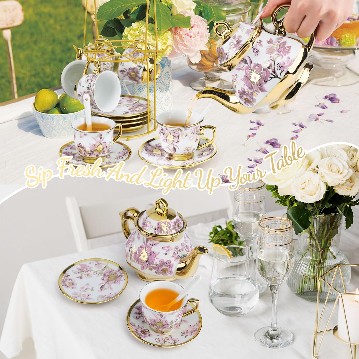 20Pcs Porcelain Tea Set for Adults, European Ceramic Tea Set Flower Ceramic Tea Cups (3oz), Teapot (15oz), & Saucers with Metal Holder for Women Tea Party (Purple)