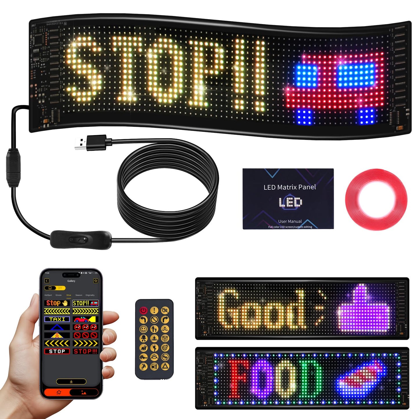 Car LED Sign, LED Light Signs for Car, 13.7"x4.01" Programmable Flexible LED Sign, APP Control DIY Custom Text Graffiti Message Pattern, FPCB Flexible Matrix Panel LED Display for Store Bar Hotel