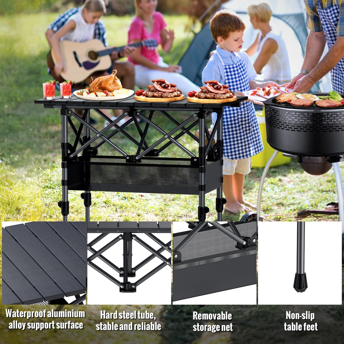 GARLLEN Folding Camping Table Max Height 70cm, Portable Roll-up Picnic Table with 2 Adjustable Height, Aluminum Outdoor Table with Storage Net & Carrying Bag for Camping, Picnic, BBQ, L25.2 x W15.7