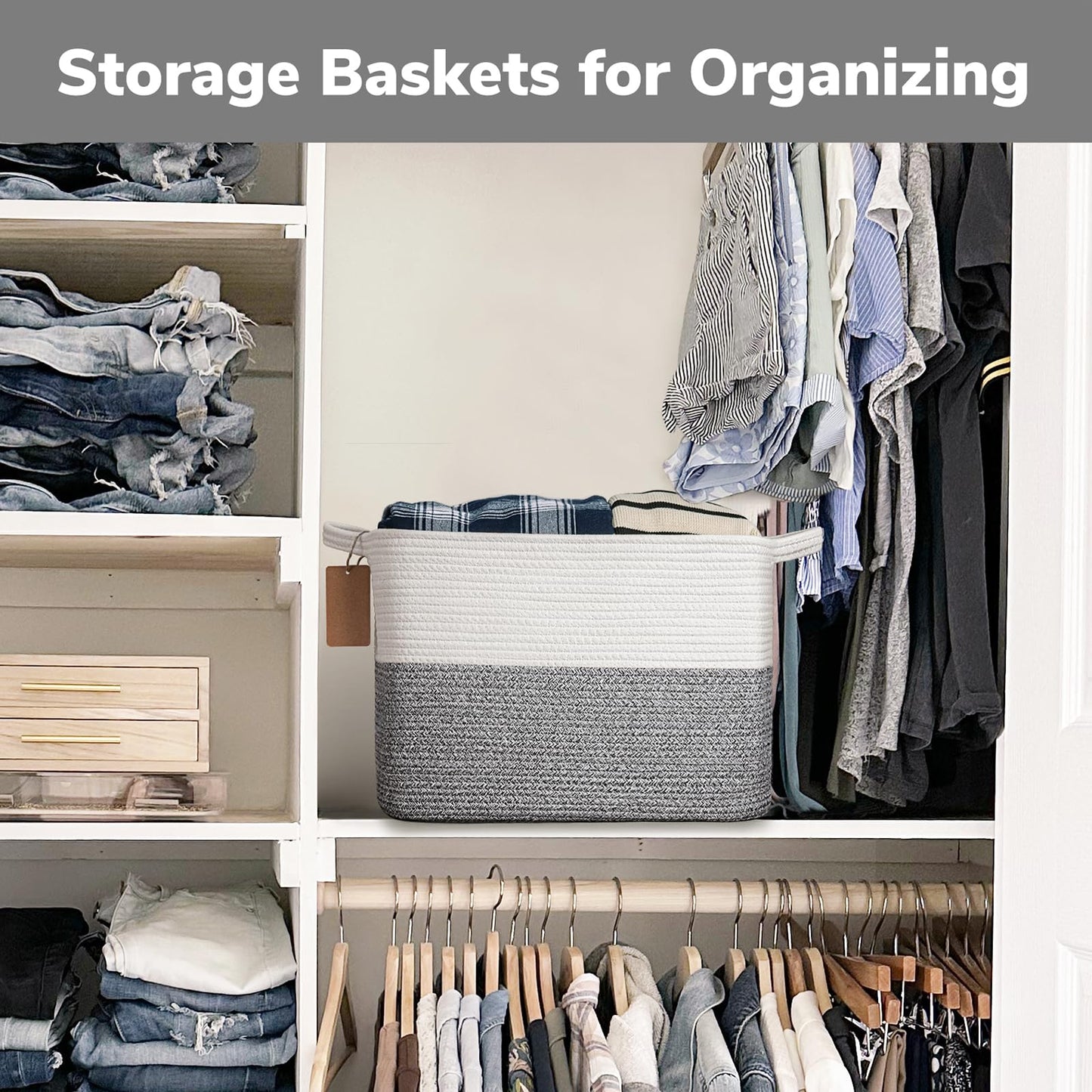 Goodpick Woven Storage Basket, Cotton Rope Baskets with Handles, Toy Baskets Storage Kids, Blanket Basket for Living Room, Bedroom, Light Grey, 18 x 14 x 12 Inches
