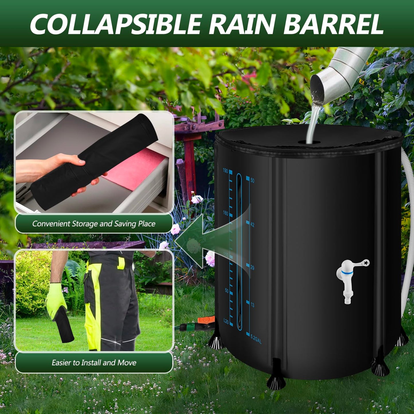 53Gallon/200L Rain Water Collection Barrel, Portable PVC Rain Barrels to Collect Rainwater from Gutter, Large Capacity Rainwater Collection System with Water Level for Garden Water Catcher, Black