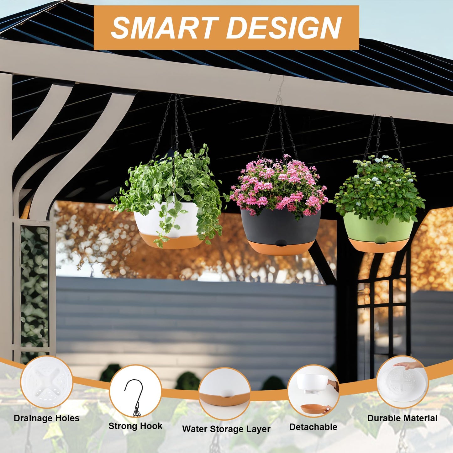 10 inch Plant Pot Hanging Planters Self Watering Pots for Indoor Plants, 3 Pack Plastic Hanging Basket with Removable Tray for Home Garden Porch Balcony Patio Decor(Black)