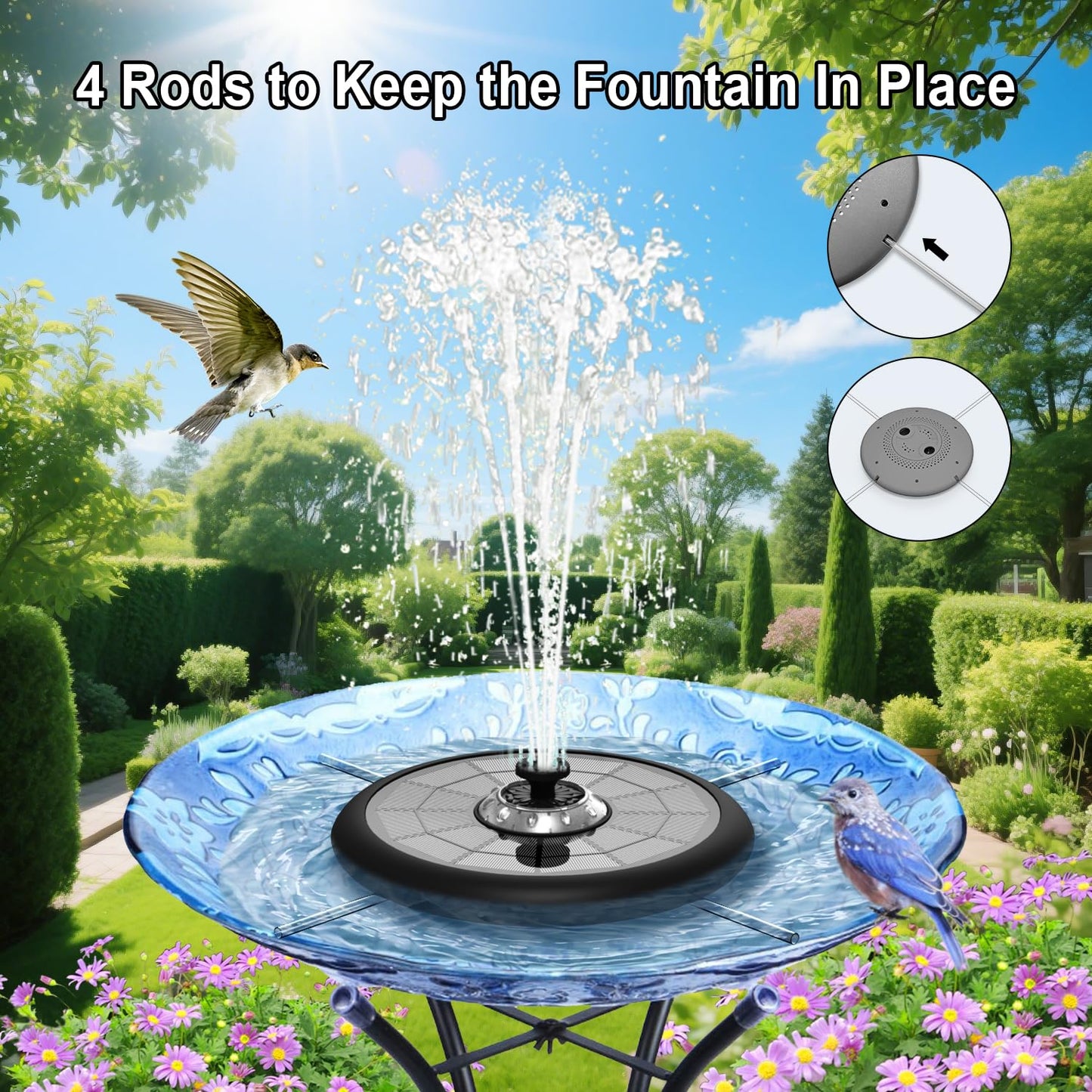 GAIZERL Solar Fountain UFO Style, 2026 Upgrade 5W Glass Solar Panel Bird Bath Fountain with LED Lights, 4000mAh Backup Battery, 7 Nozzles for for Garden, Pond, Pool, Patio Outdoor Water Feature
