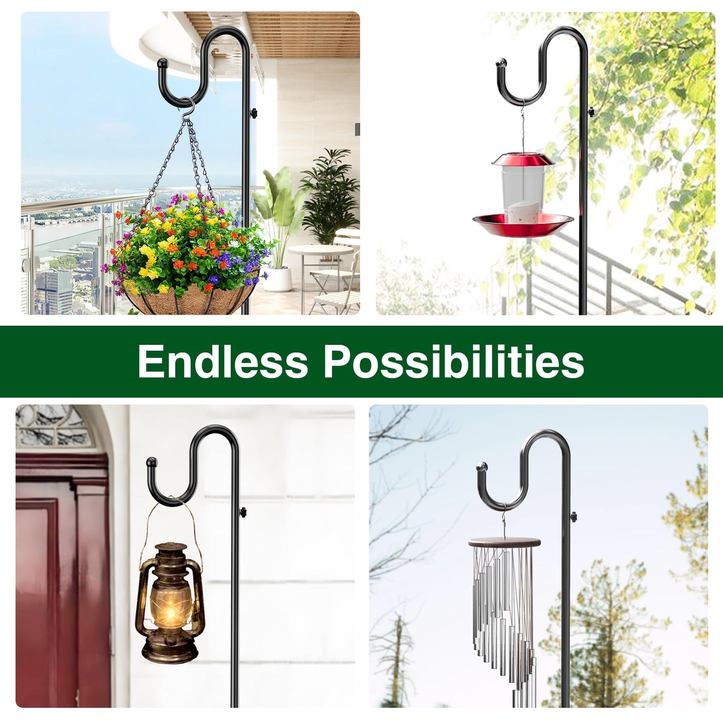 74" Shepherds Hook Stand for Plant: Hanging Bird Feeders, Plants, Lanterns, Wreath and Wind Chimes, Adjustable Free Standing Pole Holder with Heavy Duty Base for Indoor & Outdoor, Holds Up to 20 LBS