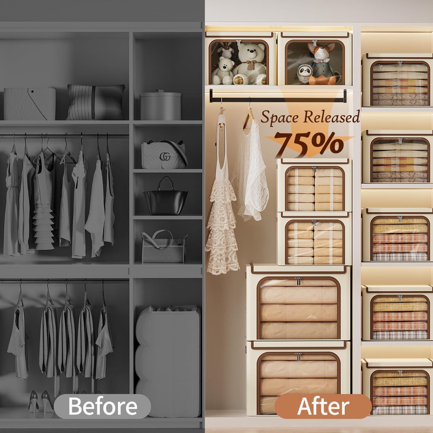 Yecaye 3 Pack Clothes Organizer with Metal Frame, 40L Foldable Storage Cabinet for Clothes, Stackable Metal Frame Storage Box with Lid, Linen Fabric Box Organizer with Clear Window, PU Handles,Beige