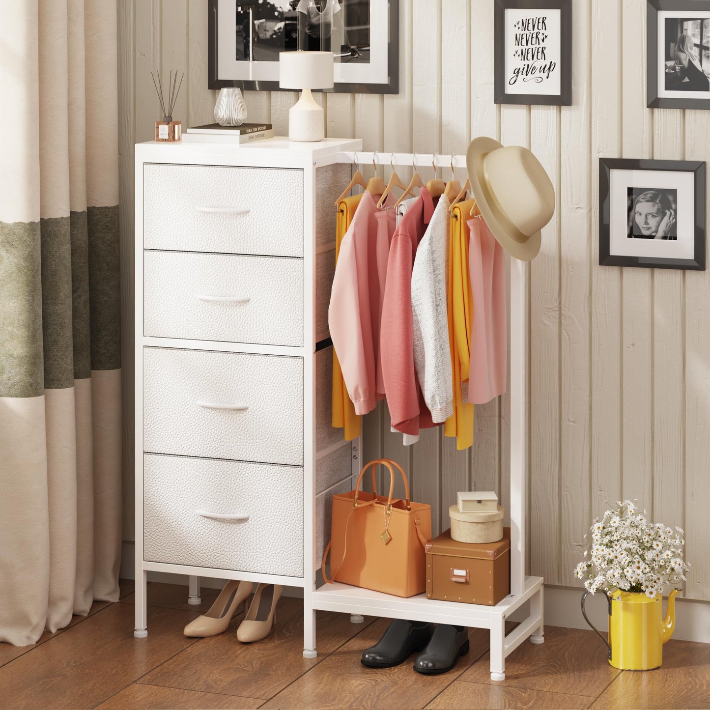 HIGDBFE Dresser with Hanging Rack, 4 Drawers Small Closet for Bedroom, Reversible Fabric Chest of Drawers with Clothes Rack, Tall Storage Tower, Sturdy Frame, White, 43.5''H