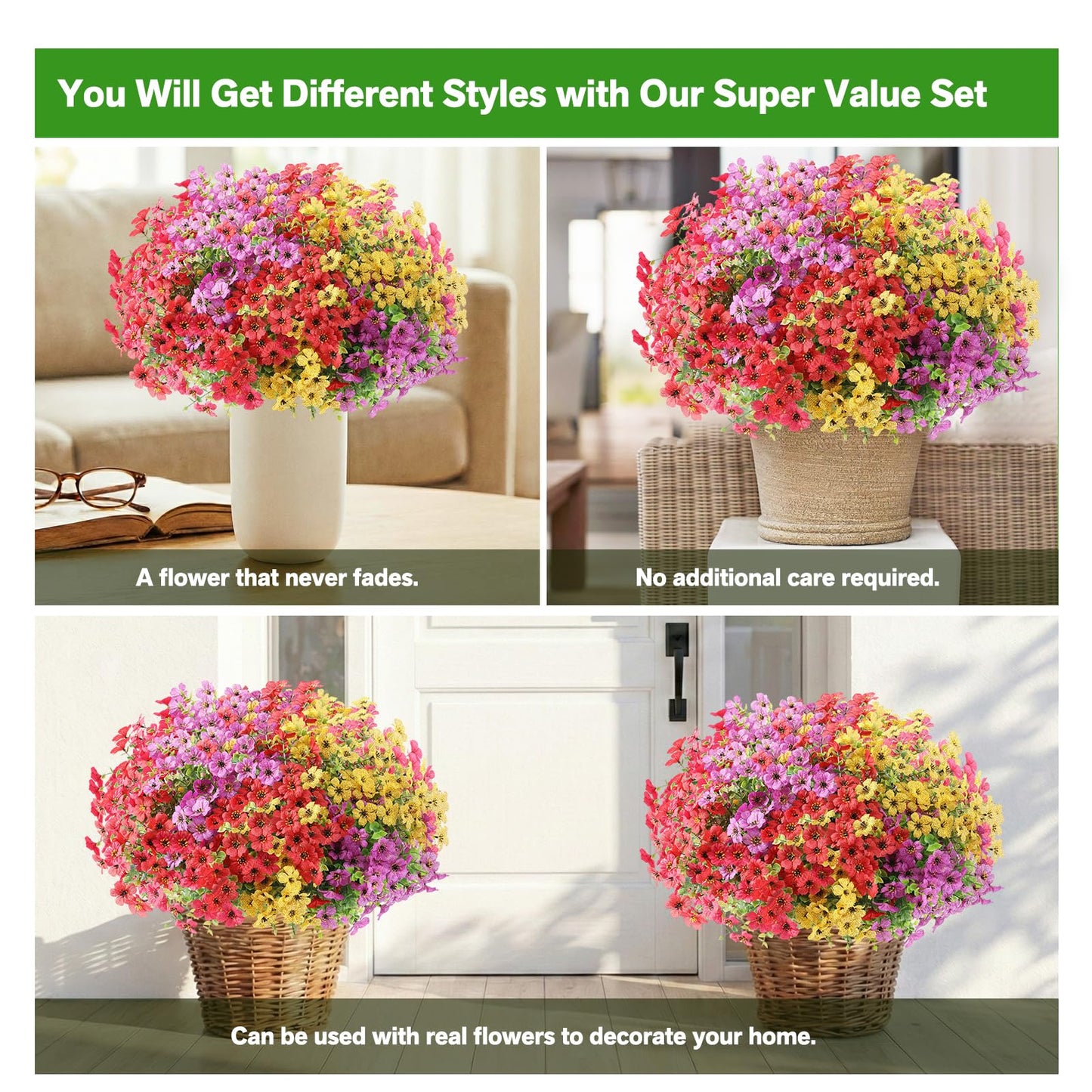Artificial Flowers for Outdoor,Silk Flowers No Fade Fake Plastic Flowers Faux Plants for Outdoors Outside Front Porch Hanging Planter Window Box Garden Home Decoration,13 Pack(Multi-Colour2)
