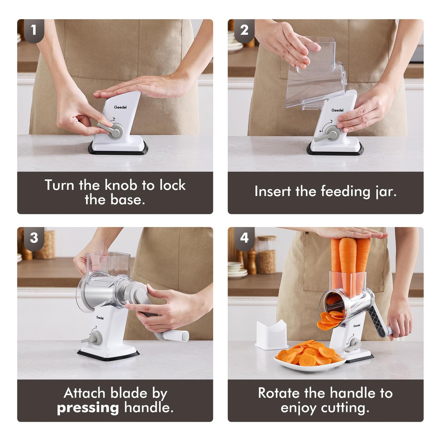 Geedel Rotary Cheese Grater - Upgraded Vegetable Shredder with 4 Interchangeable Blades, Easy to Clean Cheese Shredder with Handle, Kitchen Grater Nuts Grinder for Cutting Cheese, Vegetable, Nuts