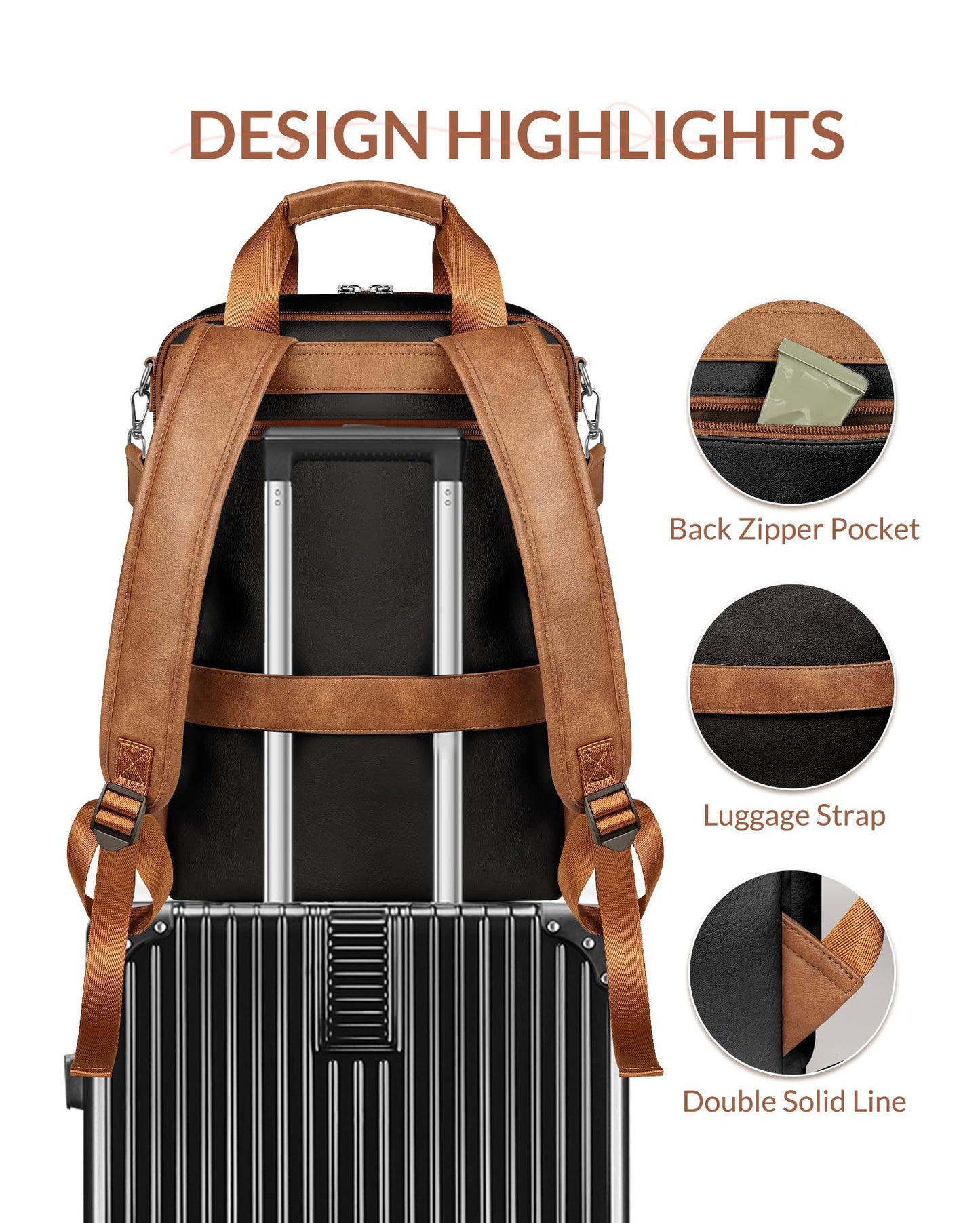 SYTRAH Leather Laptop Backpack 15.6 Inch Womens Laptop Bag, 3 IN 1 Computer Bag Handbag with Colorful Shoulder Bag Strap for Work Travel College Black Brown