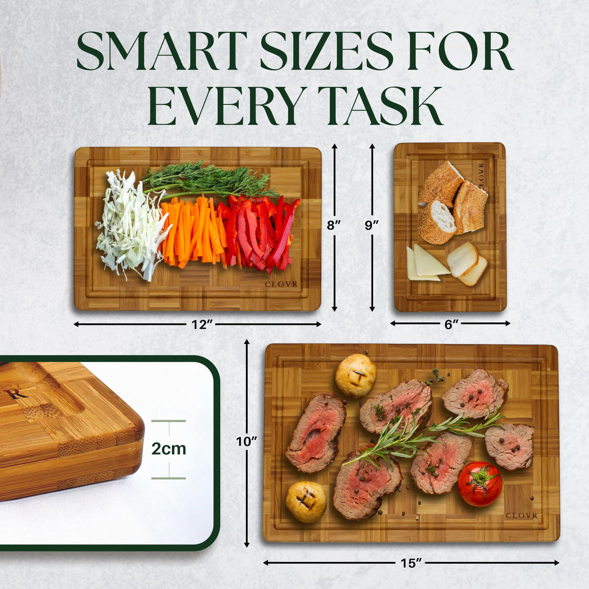 CLOVR End Grain Bamboo Cutting Board Set of 3 – Pre-Oiled Wood Cutting Boards for Kitchen with Handles, Juice Grooves & Non-Slip Pads – Small, Medium & Large Chopping Boards for Meat & Charcuterie