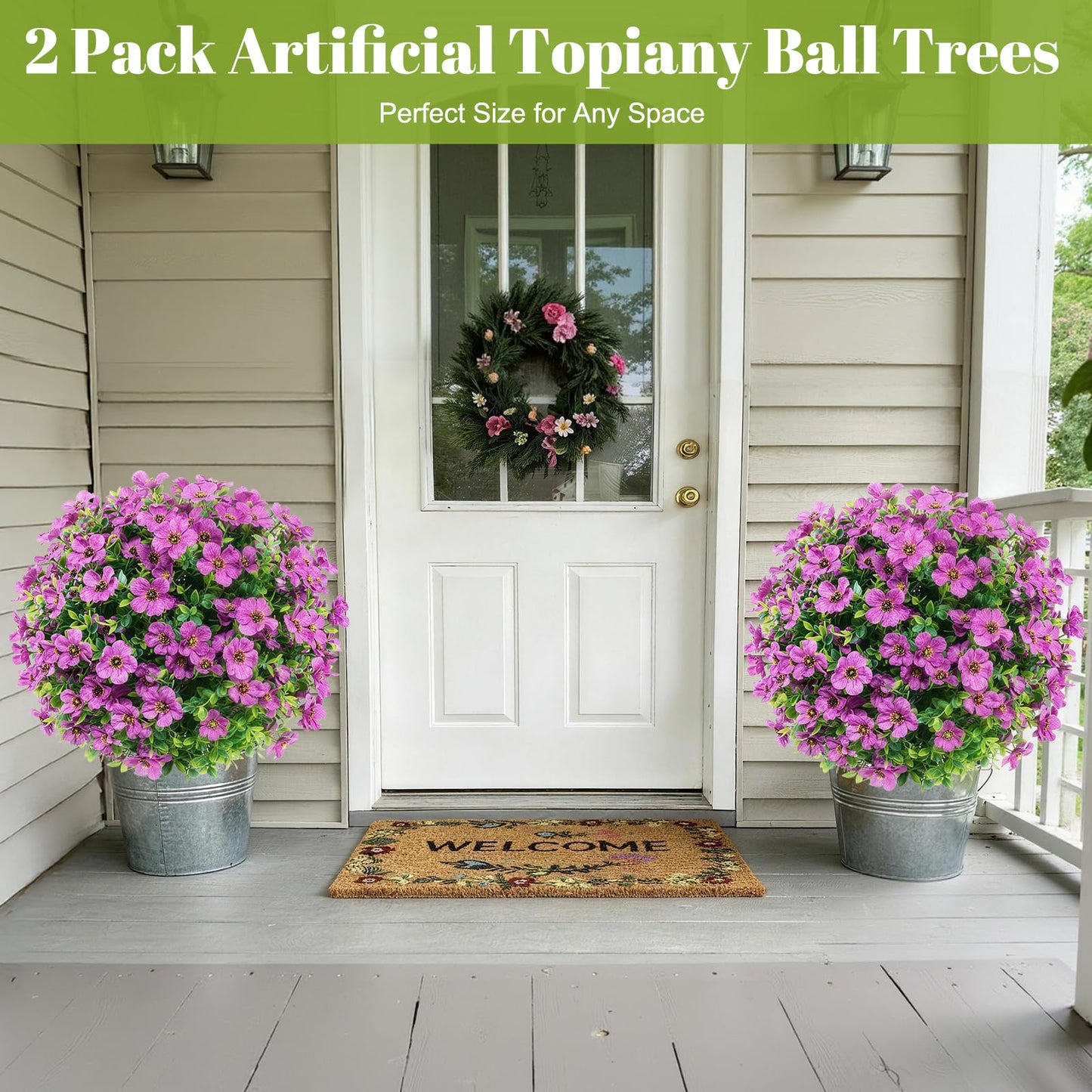 KANEODOT 24''Artificial Flowers for Outdoors,2 Pack Topiary Ball Trees Fake Outdoor Plants with Ground Spike,UV Resistant Faux Shrubs for Garden,Porch,Front,Patio,Violet