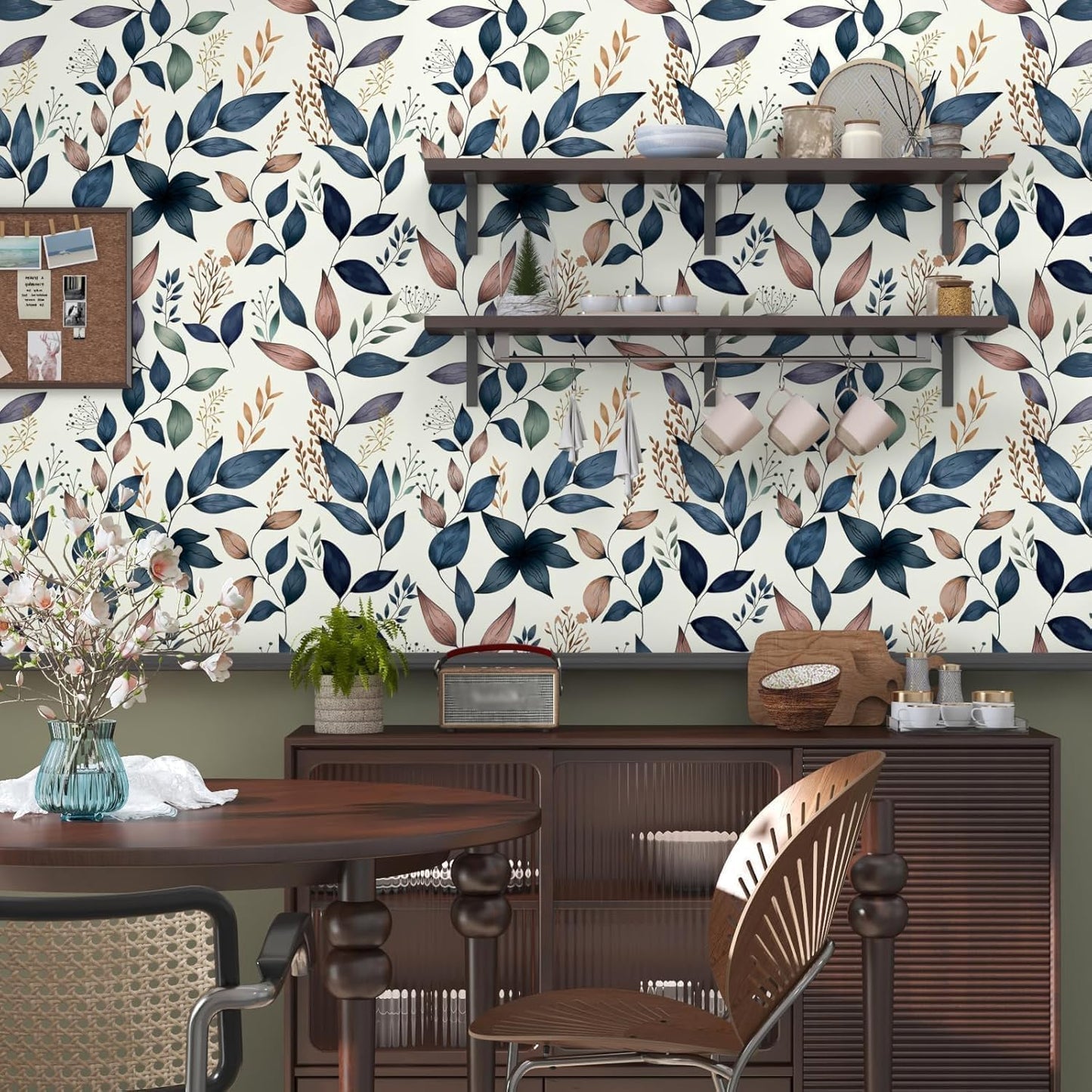 Fvlow Navy Leaf Peel and Stick Wallpaper Grey Blue Contact Paper Easily Peel Off Self-Adhesive Wall Paper for Kitchen Cabinet Drawer 17.4" x 394"