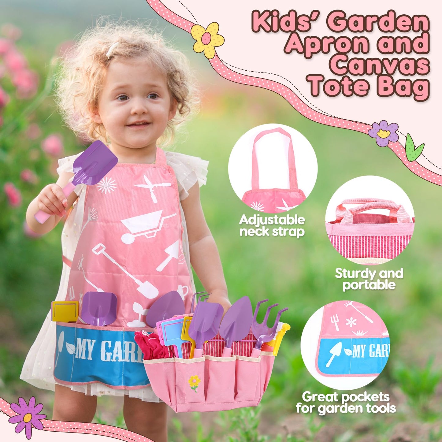 CUTE STONE Pink Kids Gardening Tool Set, Garden Toys W/Shovel, Rake, Trowel, Apron W/Pockets, Garden Tote Bag, Watering Can, DIY Stickers, Outdoor Backyard Digging Gift Toys for Boys Girls