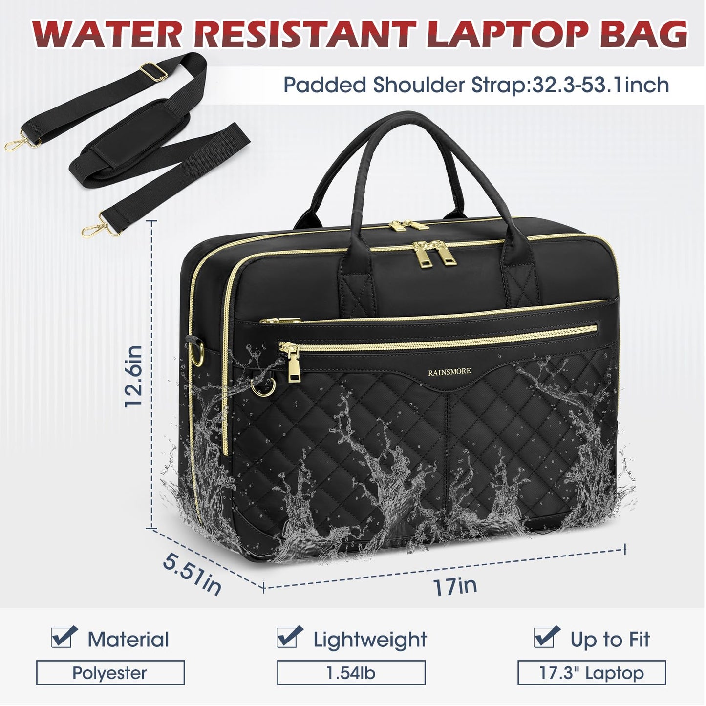 RAINSMORE Laptop Bags for Women 17 Inch Laptop Briefcase Waterproof Messenger Bag Large Computer Bag for Business Office Work College, Black