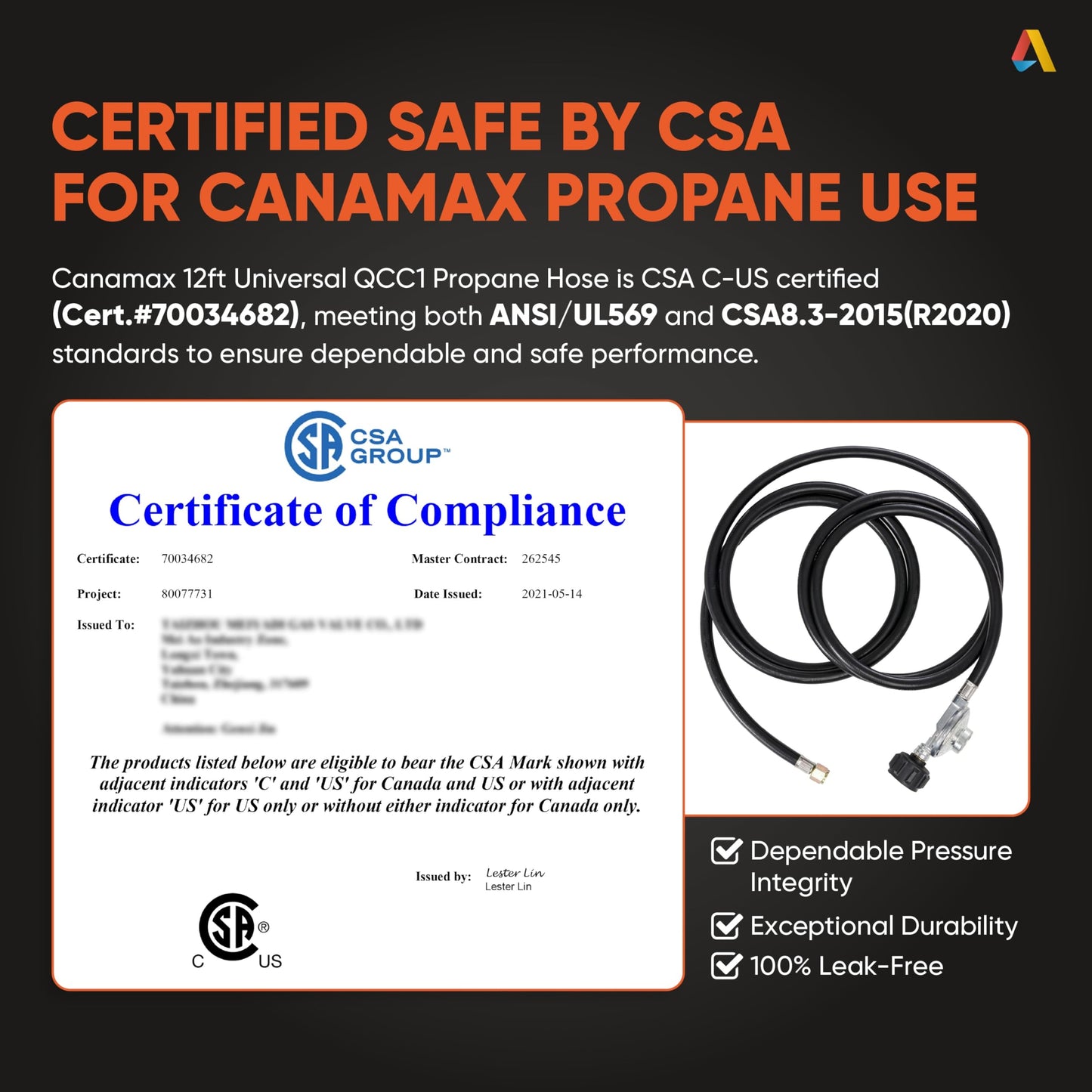 12 Feet Universal QCC1 Low Pressure Propane Regulator Grill Replacement by Canamax, 12 FT Hose Weber Charbroil Nexgrill LP Gas Grill Heater and Fire Pit Table, 3/8" Female Flare Nut [CSA Certified]