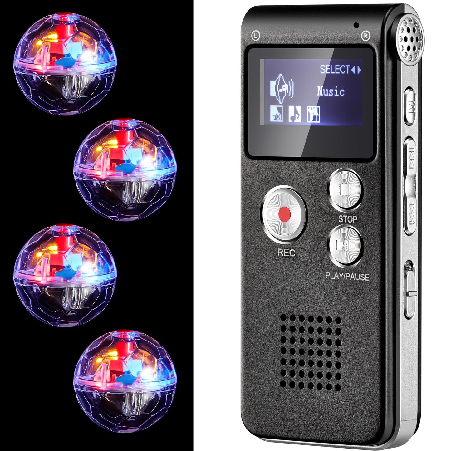 Dunzy 5 Pcs Ghost Hunting Kit Includes Digital Voice Recorders with 4 LED Cat Balls Motion Activated Cat Ball Toy Voice Activated Recorder with Playback for Pet Dog Animals(Black)