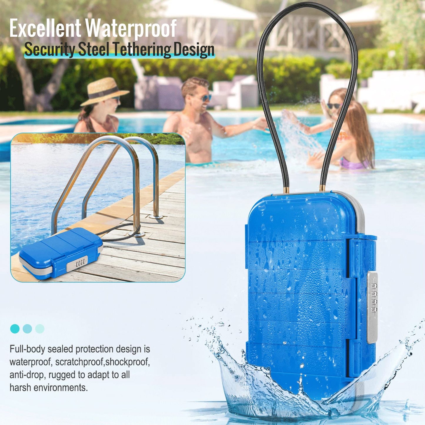 BKNOOU Travel Safe Portable Beach Safe Box Small Combination Safe Anti-Theft Lock Box Safe Waterproof Mini Security Case with Removable Wire Rope Security Box for Home,Office,Hotel,Cars,Travel etc