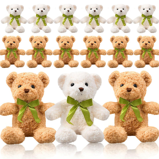 15 Pack Stuffed Bear Plush Toy, Soft Plush Stuffed Animal, 10 Inch Small Cute Plush Bears Toys Teddy Bear Bulk with Bow Tie for Baby Shower Birthday Gift Party Supplies(Light Brown & White)