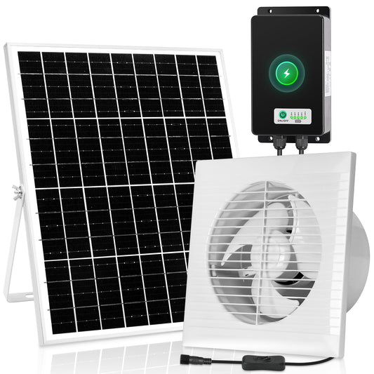 blessny Solar Powered Rechargeable Exhaust Fan, 25W Solar 8" Ventilation Vent Fan with 66.6 Wh Battery Backup for Outside Greenhouse, Chicken Coop, Shed, Pet House