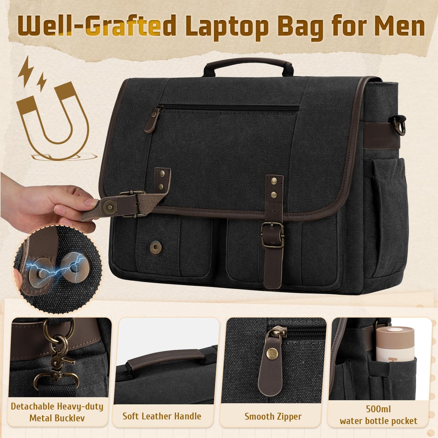 RAINSMORE Canvas Messenger Bag Men 17-17.3 Inch Laptop Bag Computer Briefcase Water Resistant Satchel Bag for Men Work Office