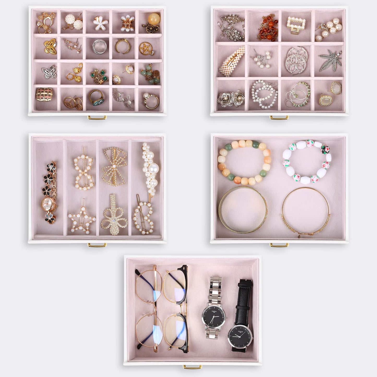 Kendal Extra Large Jewelry Box with Mirror, 32x17x30cm Multi-Layer Jewelry Organizer with Side Compartments & Drawers, PU Leather Storage Case for Rings, Earrings, Bracelets & Watches (Elegant White)