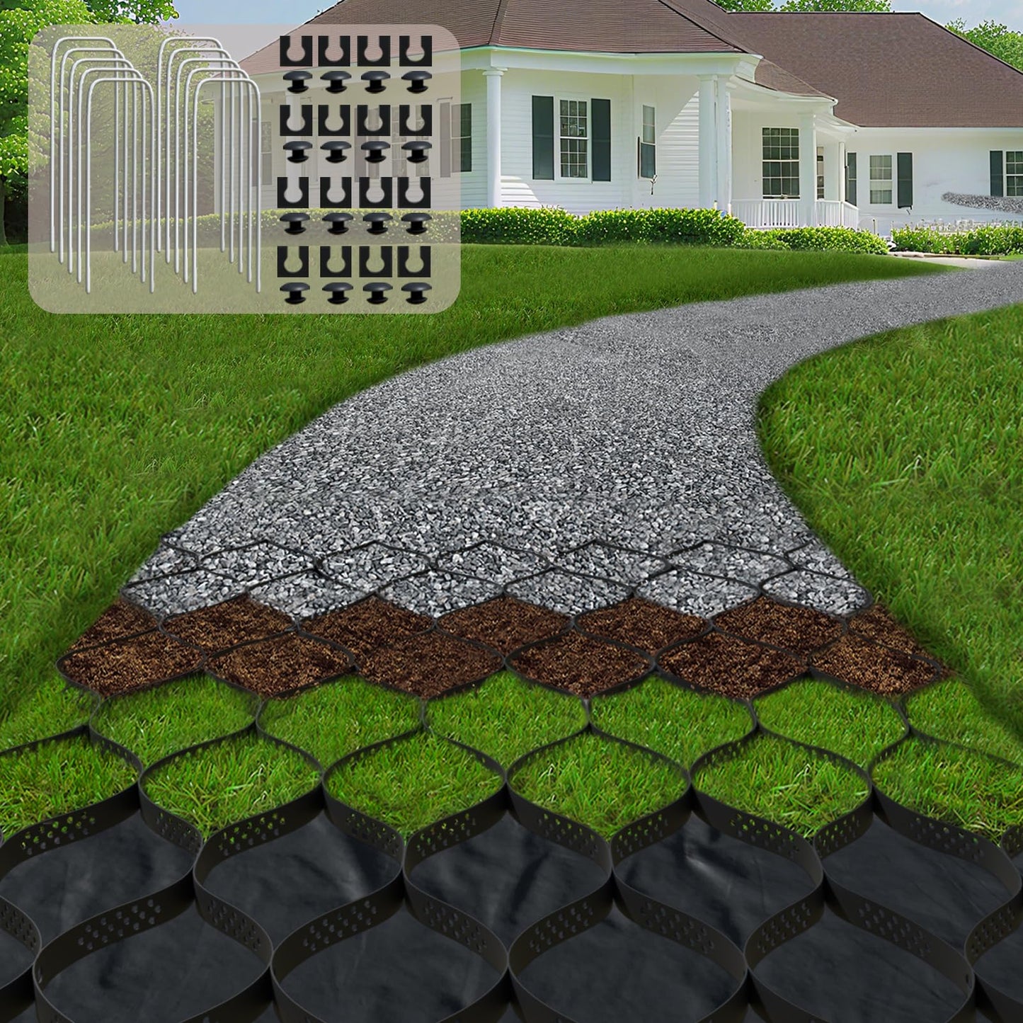 2" Thick Gravel Ground Grid 6.5ft x 16.5ft - Geo Grid Driveway Stabilization Grids, Gravel Retainer Grid 1885 LBS Per Sq ft, Geocell Geogrid for Walkway Driving RV Parking Slopes and Garden