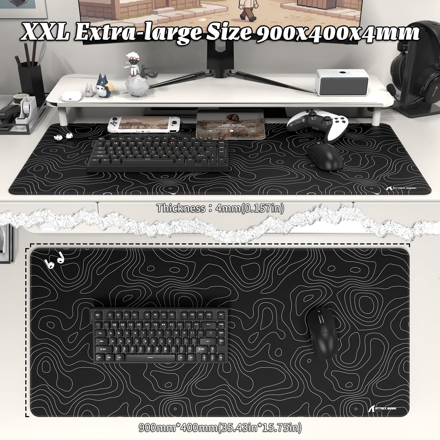 ATTACK SHARK CM02 PRO Extra Large Gaming Mouse Pad, with Anti-Slip Rubber Never-Slip Stability Esports Mousepad, XXL Full Desk Coverage for Writing Desk Office Home Laptop-Black Topographic Line