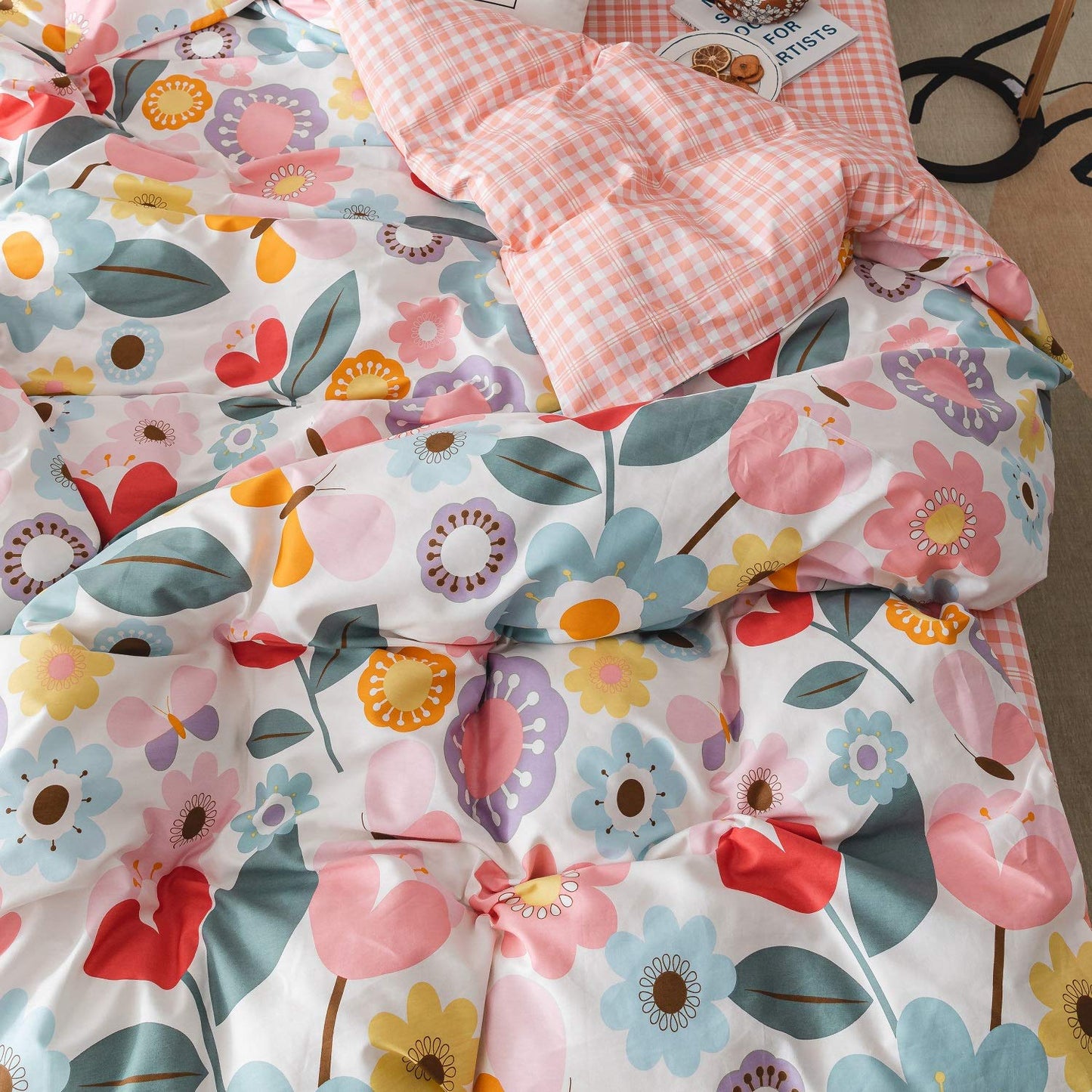 Floral Duvet Cover Twin, 100% Cotton 3 pcs Twin Flower Bedding Set for Girls, Reversible Comforter Cover Ultra Soft Garden Fresh Botanical Duvet Cover, with Zipper Closure, Breathable (No Comforter)
