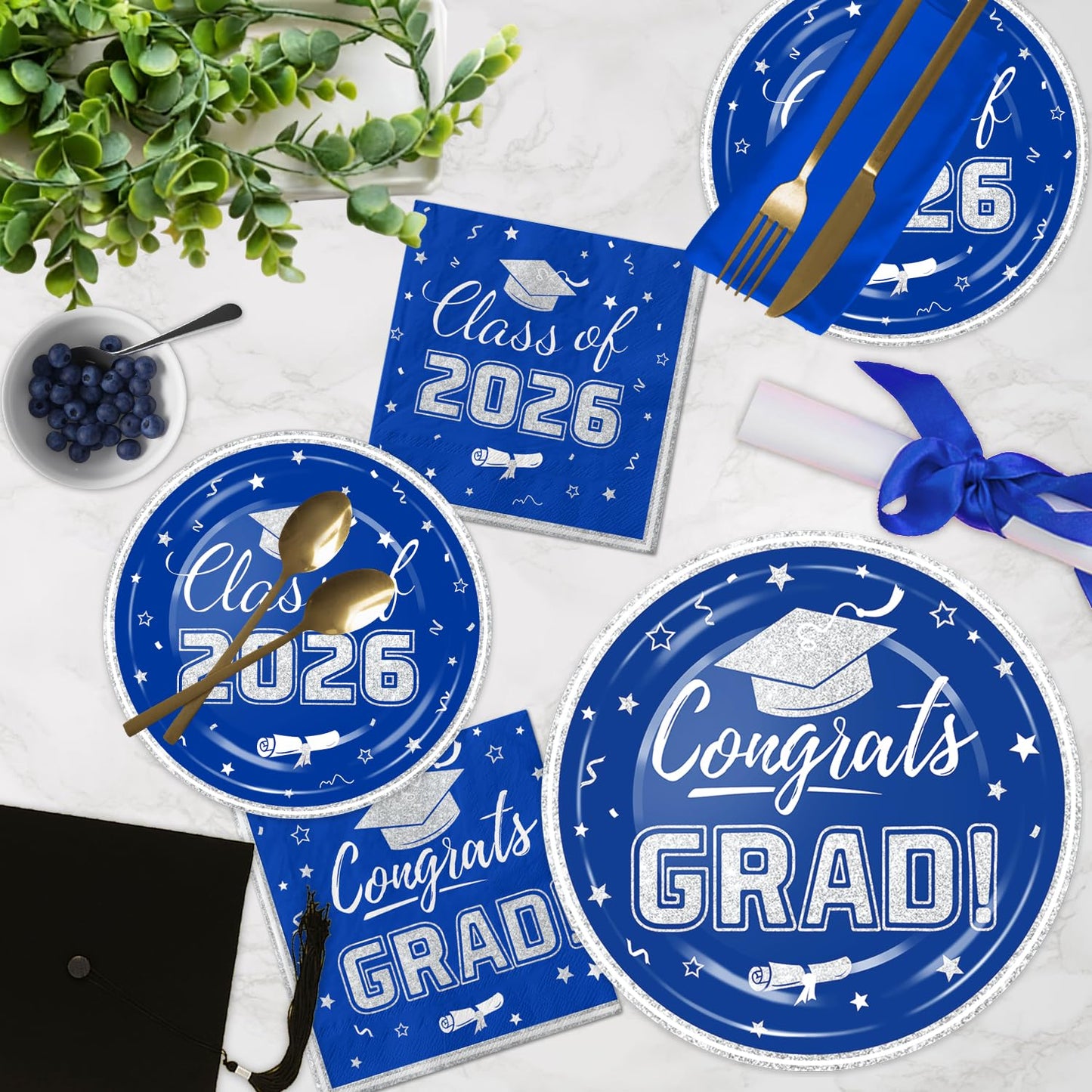 Blue and Silver Graduation Party Plates and Napkins 2026 - Congrats Grad Disposable Paper Plates Cocktail Napkins Luncheon Napkins for Graduation Party Decorations, Serve 50
