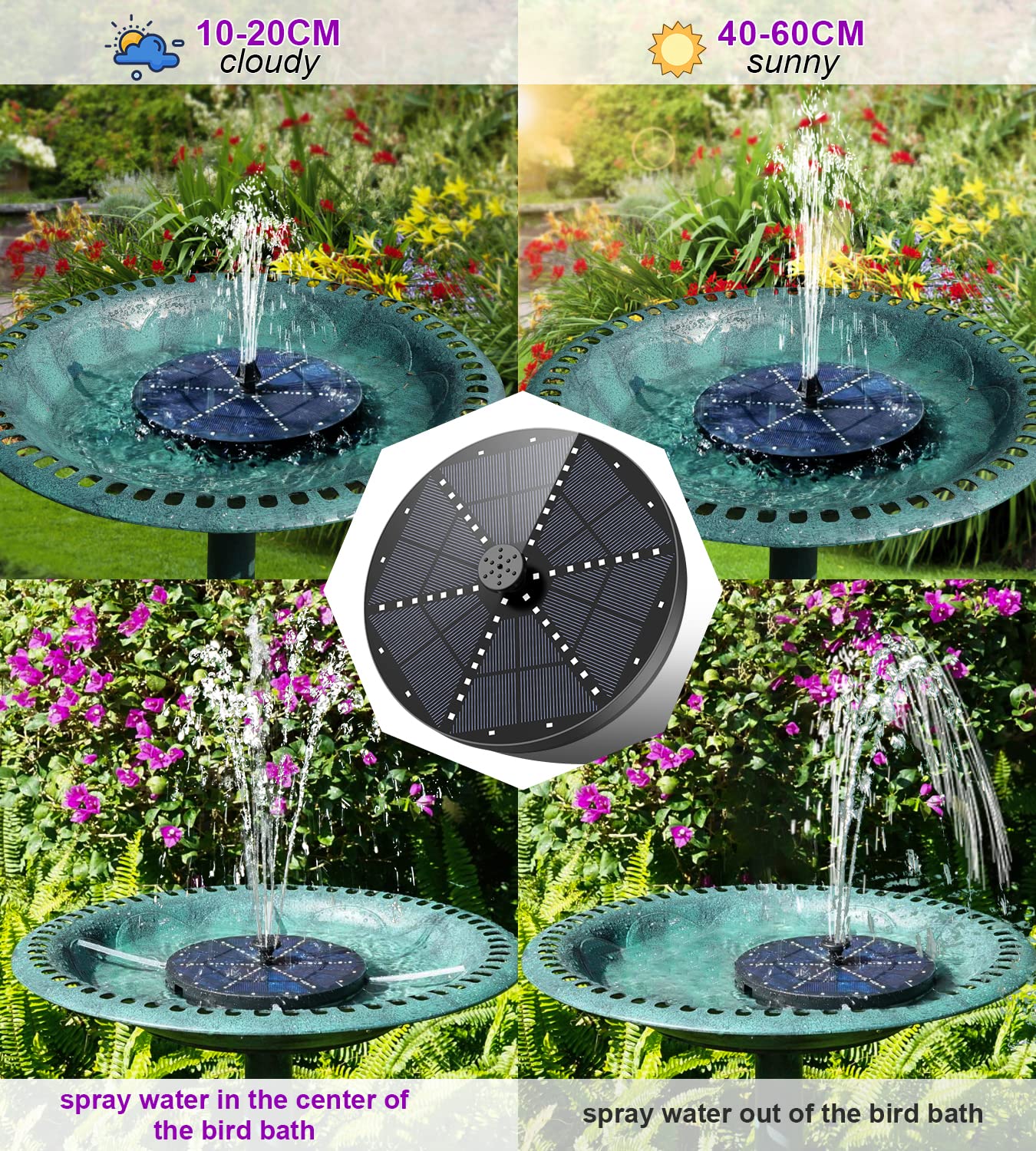 SZMP Solar Fountain 4W Bird Bath Fountains Upgraded 60LED Colorful Lights, Solar Powered Fountain Pump with 4000 Battery, Solar Water Fountain with 7 Nozzle & 4 Fixer for Garden, Bird Bath, Pool, Pond