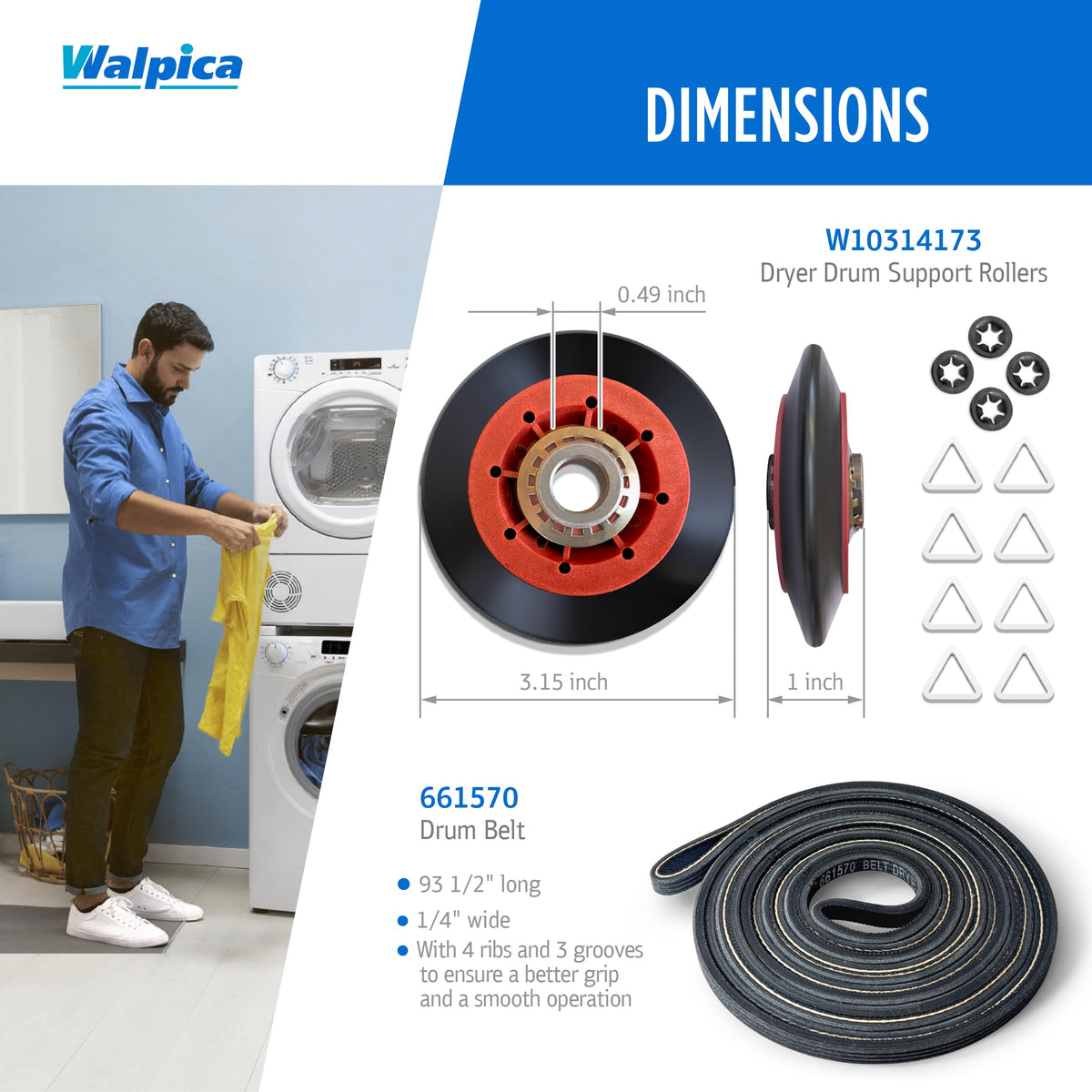 4392067 W10837240 Dryer Repair Kit Belt Idler Pulley 3387610 279640 661570V 80047 Drum Roller Bearing for Whirlpool Cabrio Duet Maytag Bravos XL Kenmore Elite Model 110 Series Dryer Replacement Parts