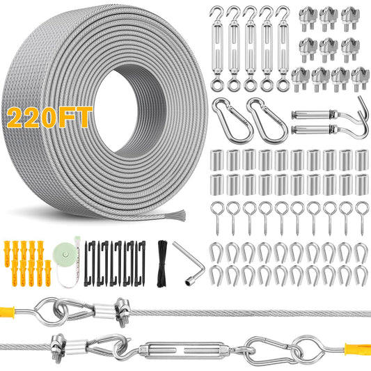 220FT 1/8" Wire Rope Kit - 304 Stainless Steel Cable with Turnbuckles for Cables Wire, Vinyl Coated Hanging Wire for Outdoor String Lights, Camping, Garden Trellis, Hanging Clothes, Pictures, Curtain