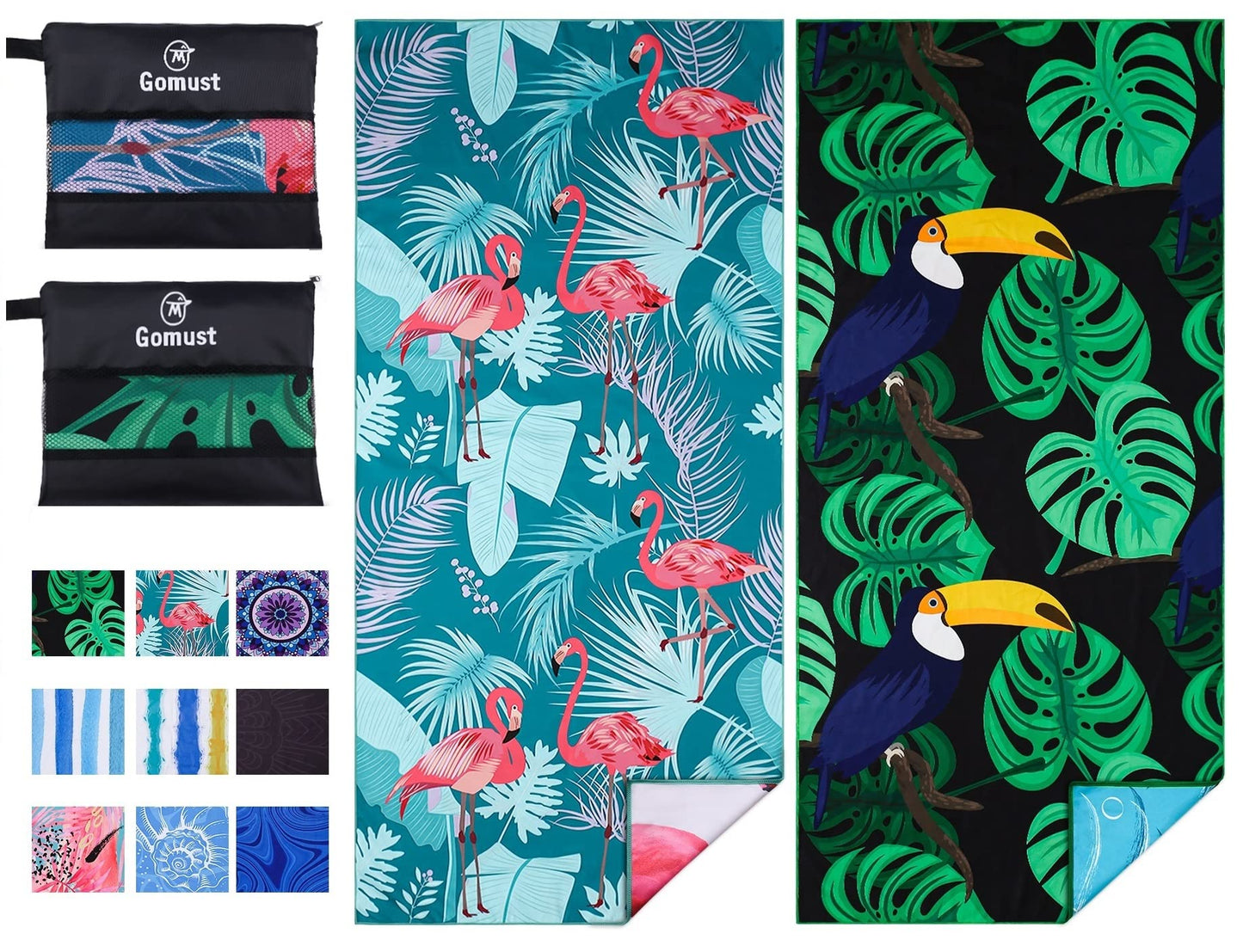2 Pack Lightweight Thin Beach Towel Oversized 71"x32" Big Extra Large Microfiber Sand Free Towels for Adult Quick Dry Travel Camping Beach Accessories Vacation Essential Gift Flamingo Toucan