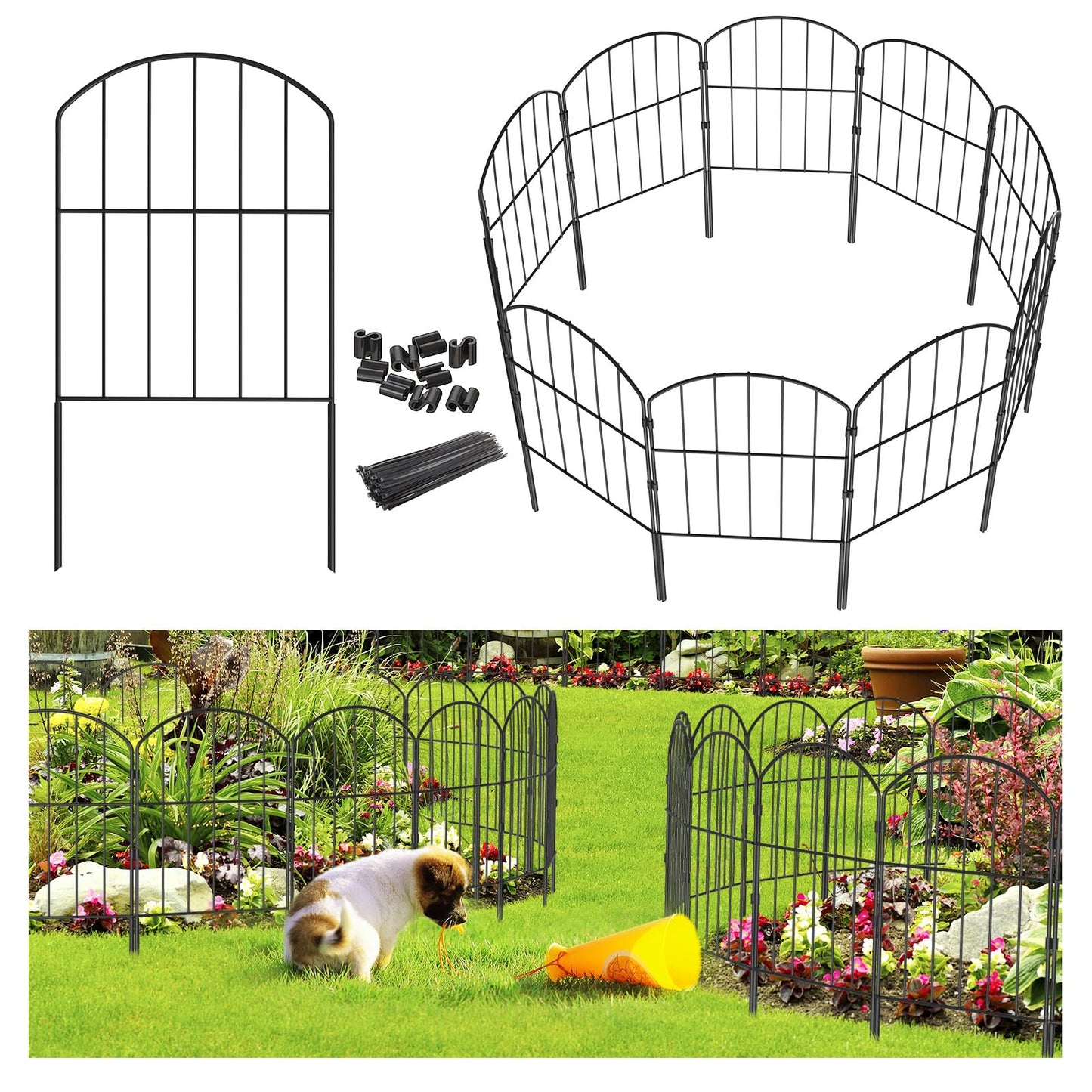 Goovilla Garden Fence Panels, 10 Pcs 12in W x 24in H Metal Rustproof Animal Barrier, Black Decorative Garden Fences and Borders for Dogs, Flower Bed, Patio