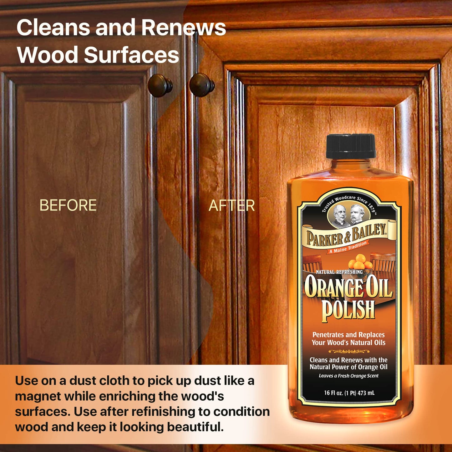 PARKER & BAILEY Orange Oil Polish - Natural Orange Scented Wood Cleaner & Furniture Polish, Cleans, Renews, Restores & Rejuvenates Wood Surfaces, Protects from Drying or Cracking, Shiny Finish, 16oz