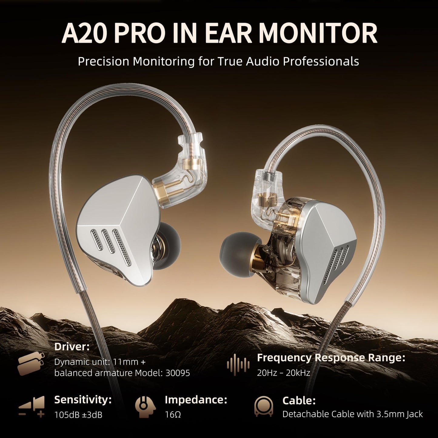 A20PRO In Ear Monitor Headphones, HIFI WALKER 1DD+1BA Hybrid IEM Earbuds with 11mm Driver, Wired Earphones with Detachable Cable, Gaming & Studio Monitor Headphones for Musicians, Singers, Audiophiles