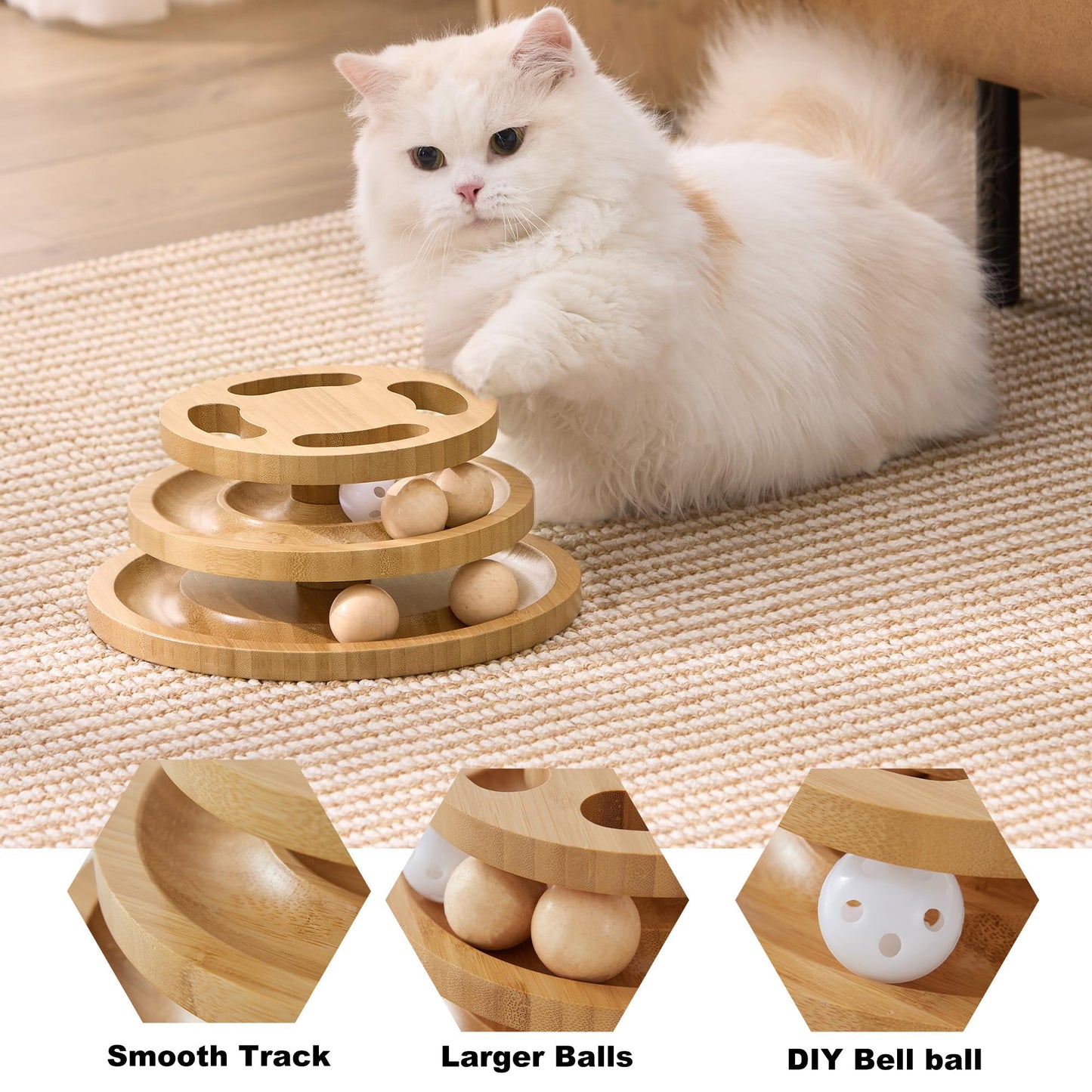ZOMISIA Cat Ball Track Toy with Puzzle Top, Wooden Cat Toys for Indoor Cats with Spinning Balls, Interactive Large Cat Ball Tower for Kitten Exercise Mental Physical