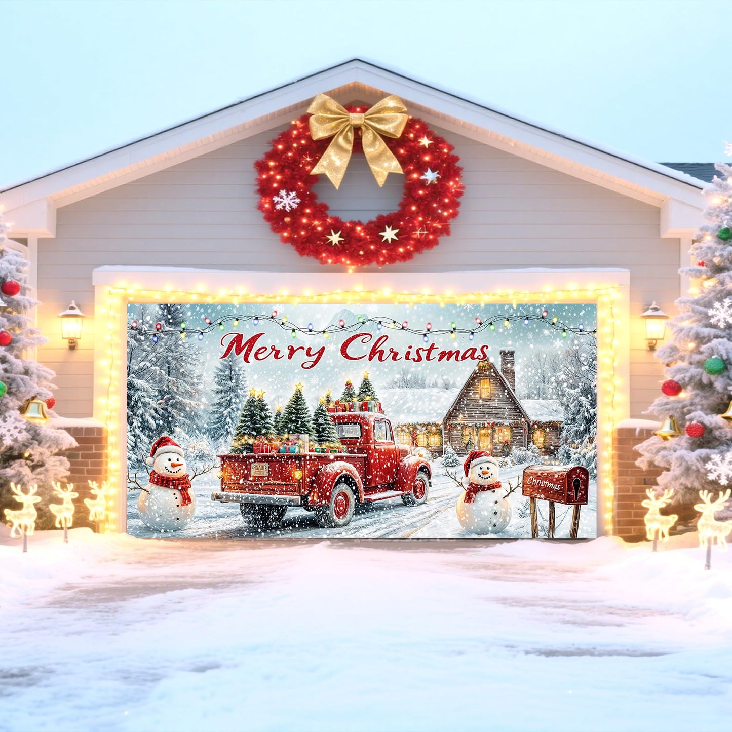 Christmas Garage Door Cover Banner Decorations, Merry Christmas Snowman Holiday Xmas 2025 2026 Front Outdoor Car Garage Door Murals Buddy Decorations Backdrops Party Wall Decor Extra Large 16 X 7 Ft