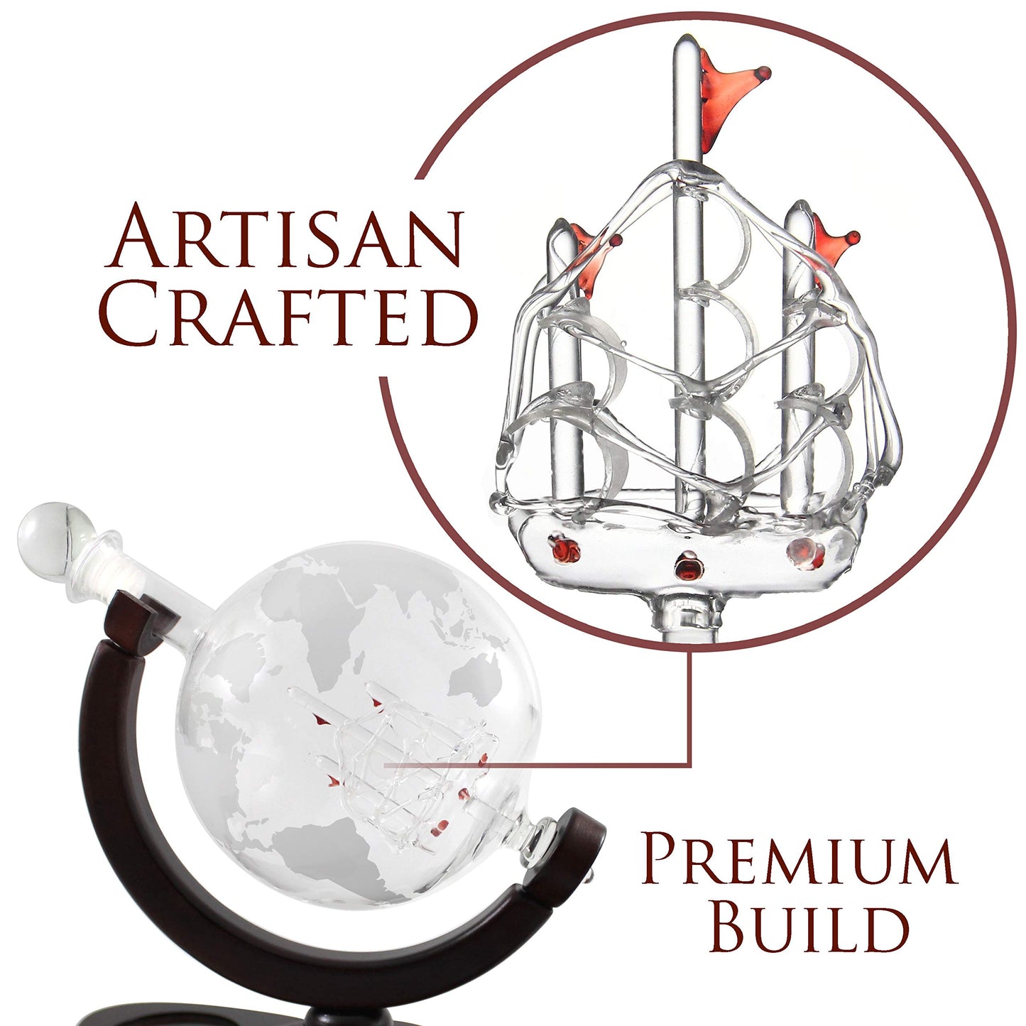Krown Kitchen - Globe Decanter Gift Set. Includes Wood Base, 4 Glasses, 4 Coasters, Shot Glass, and Funnel.