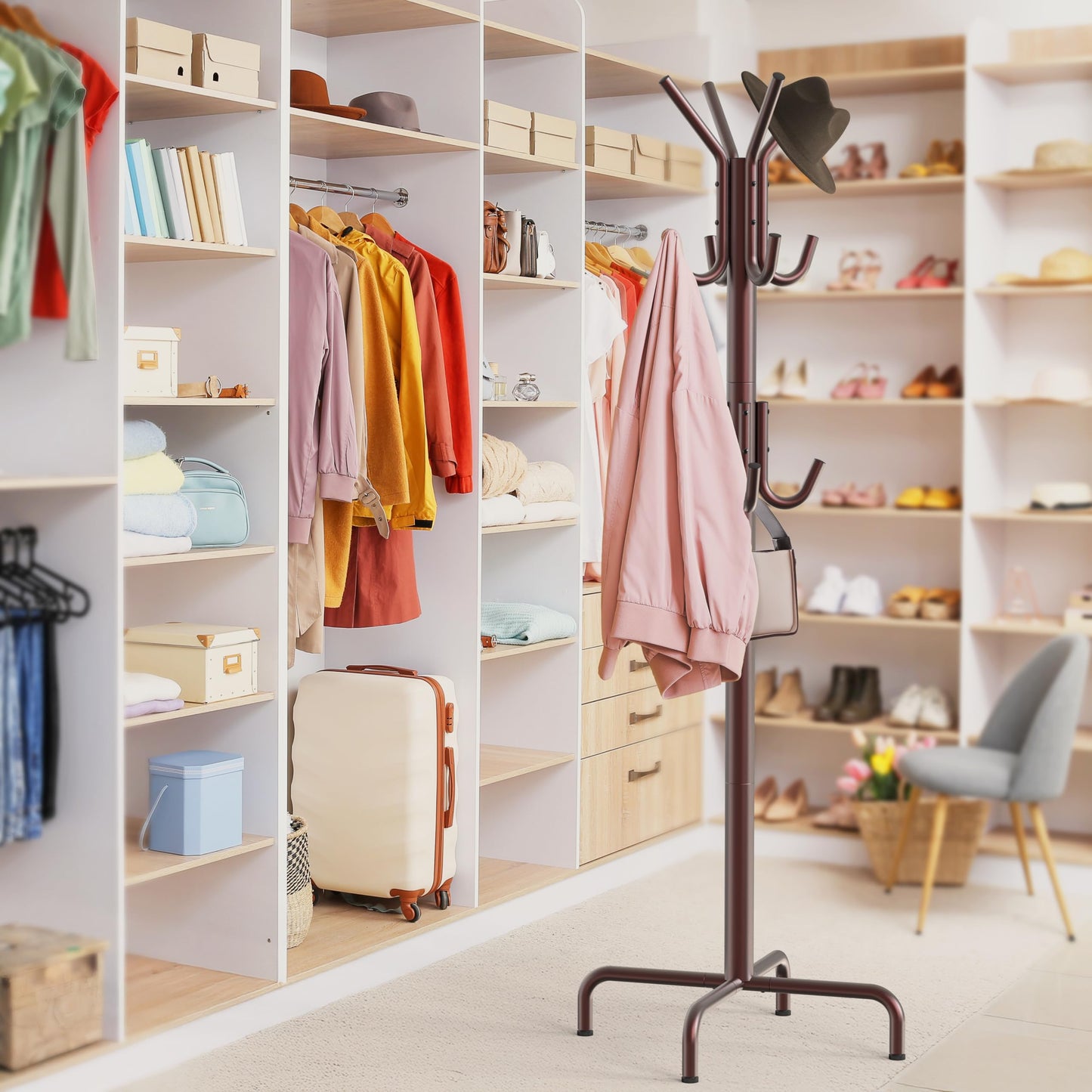 Simple Houseware Free Standing Coat and Hat Hanger Organizer Rack for Entryway, Bedroom, and Hallway, 12 Hooks, Bronze