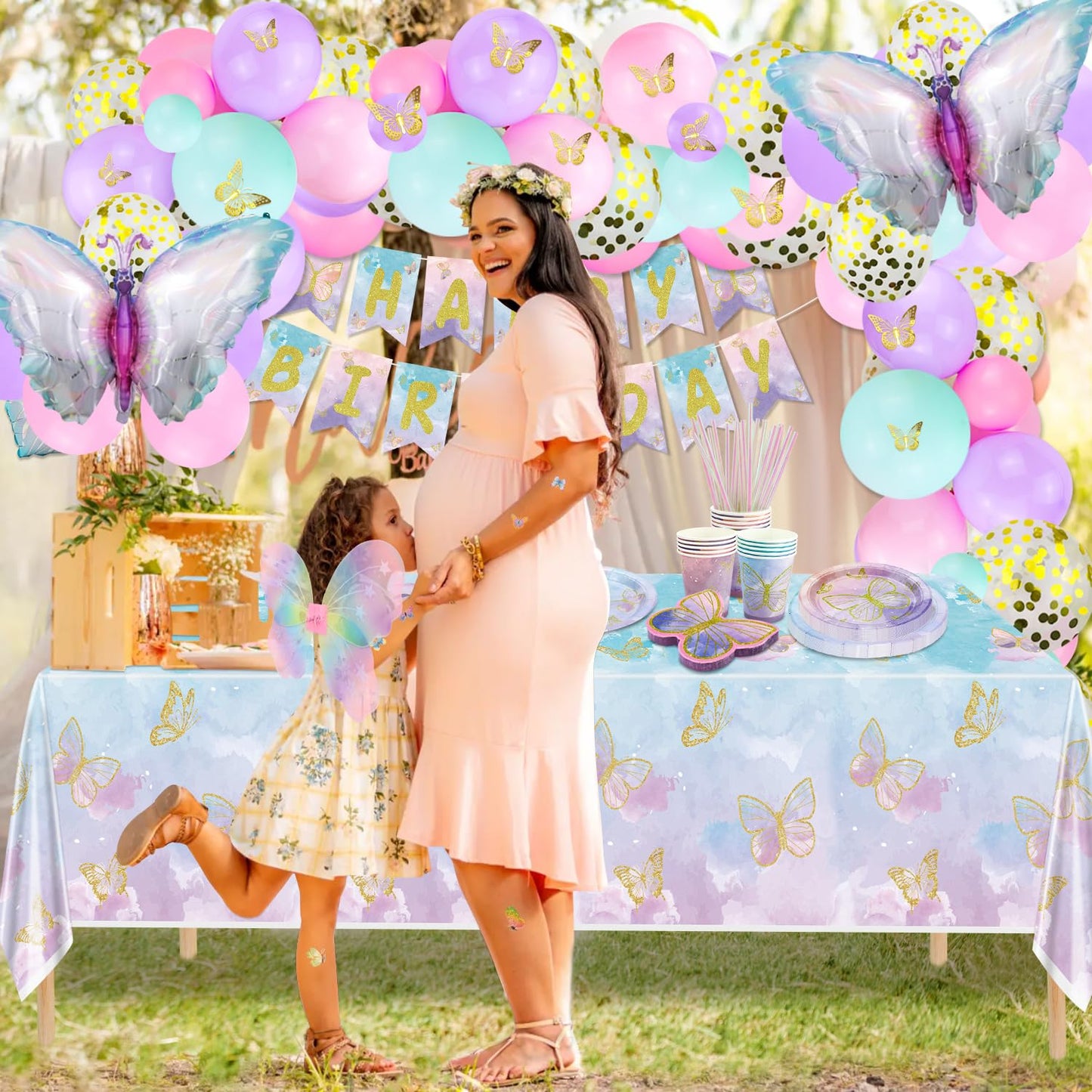 196 Pcs Butterfly Party Decorations - Including Plates, Tablecloth, Balloons, Banner, Butterfly Stickers, Cups, Fairy Wing Set for Princess Fairy Birthday Decorations, Fairy Party Supplies