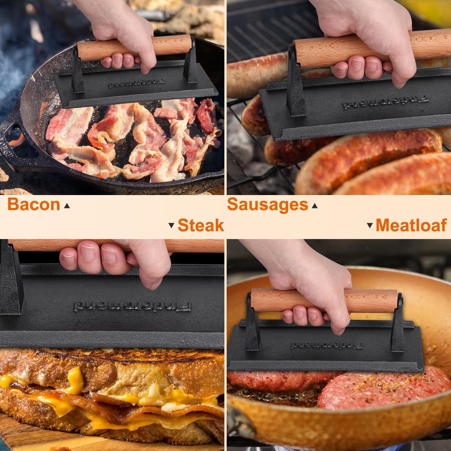 Finderomend 2 Pack Hamburger Press,Cast Iron Grill Press,Heavy Duty Smash Meat,Bacon,Steak & Burger Press with Wooden Handle (Round & Rectangular)