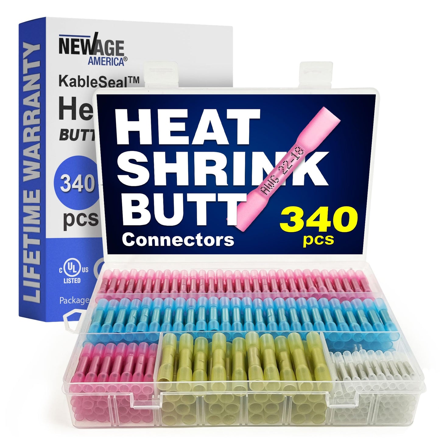 New Age America® 340pcs KableSeal™ Heat Shrink Butt Connectors Kit | AWG 26-10 | Color Coded | Tinned Red Copper & IP67 Rated Water Proof | Marine Grade | Wire Butt Splice Connectors | UL Certified