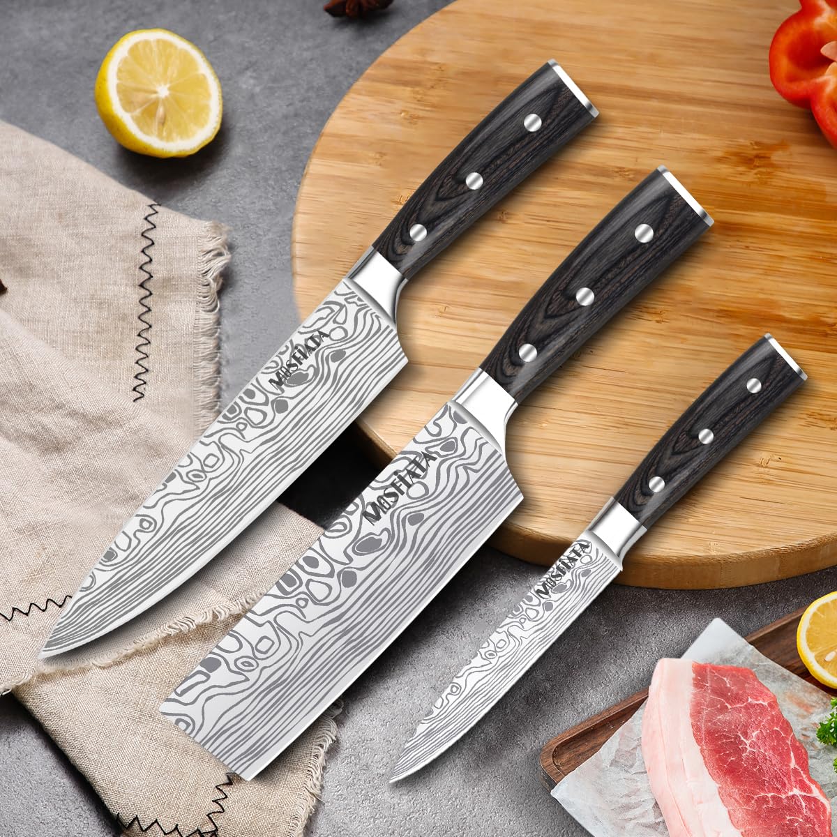 MOSFiATA Professional Chef Knife Set with German High Carbon Stainless Steel Kitchen Knife Set 3 PCS-8" Chefs Knife &7" Nakiri Knife&5" Utility Knife, Knives Set for Kitchen with Gift Box