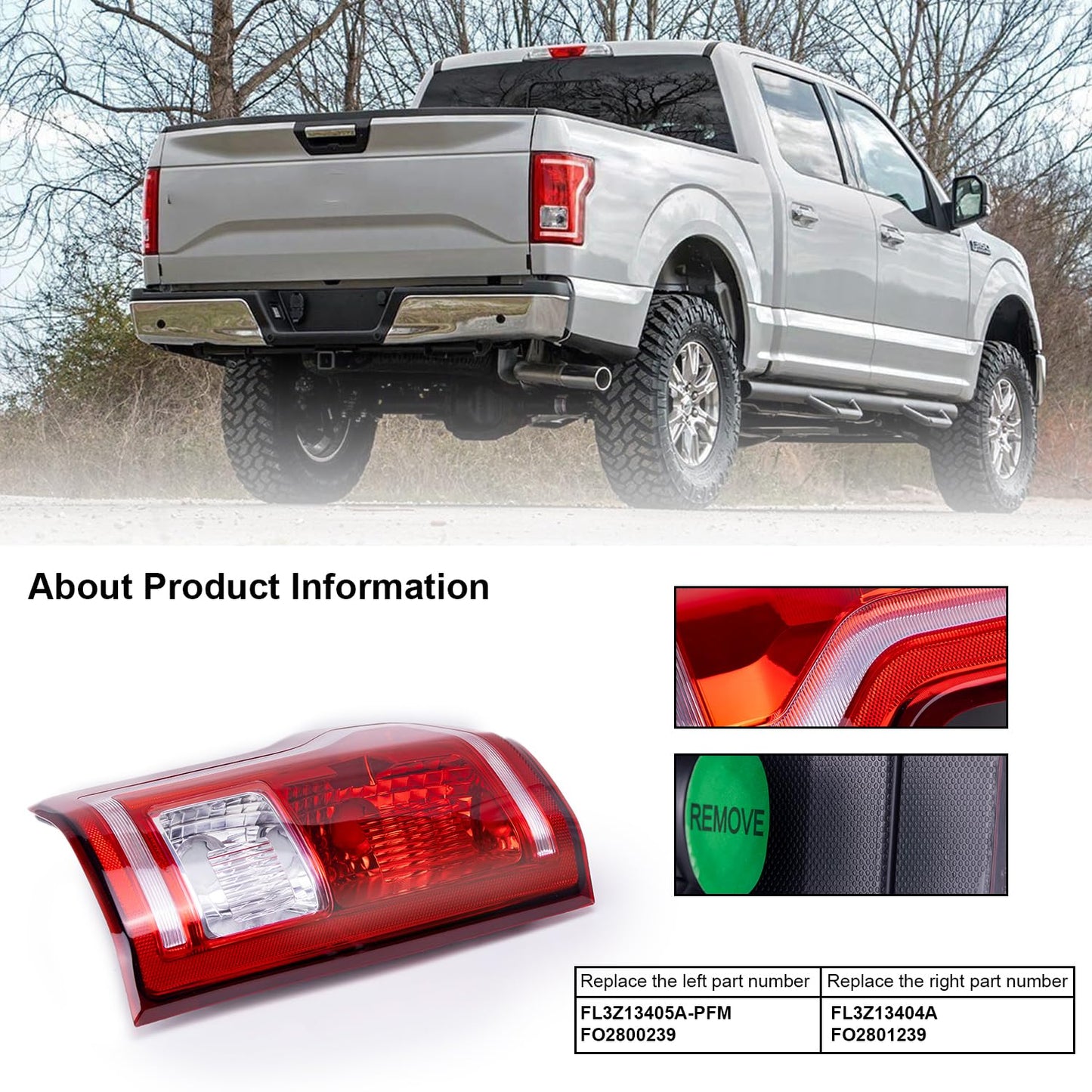 wzrasmiles Left Driver Side Rear Tail Light Assembly Compatible With Ford F-150 2015 2016 2017 Rear Tail Light Assembly Taillight Rear Brake Lamp Without Halogen Bulbs FL3Z13405A-PFM, FO2800239