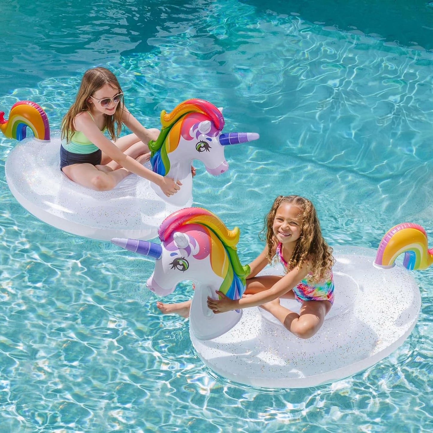 JOYIN Unicorn Pool Float Kids - Inflatable Rainbow Unicorn Floaty with Glitters Fun Pool Floats, Ride On Unicorn Beach Lake Floaties Raft Lounge, Party in Summer Decorations Pool Toys for Kids