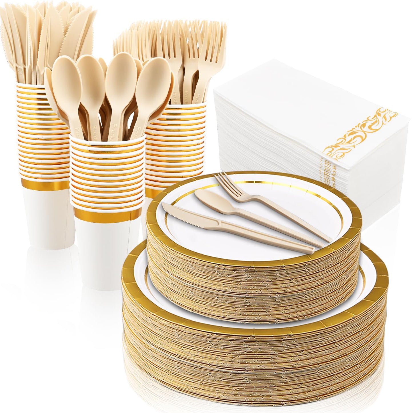 350 Pieces Gold Rim Party Supplies - Disposable Dinnerware Set Include 50 Dinner Plates, 50 Dessert Plates, 50 Cups, 50 Napkins and 50 Cutlery Set for Wedding Baby Shower Engagemen Christmas Party